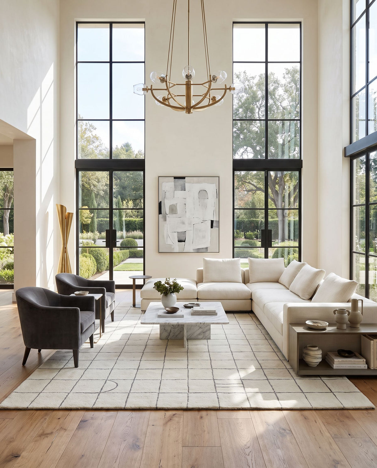 Portobello PBO-2303 Hand Tufted Rug as the centerpiece of a bright luxury living room — a hand tufted contemporary area rug in ivory and charcoal tones