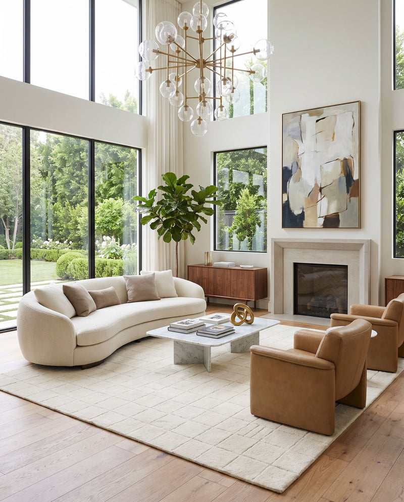 Portobello PBO-2306 Hand Tufted Rug as the centerpiece of a bright luxury living room — a hand tufted contemporary area rug in beige tones