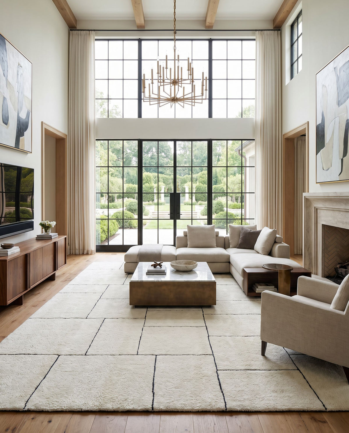 Portobello PBO-2308 Hand Tufted Rug as the centerpiece of a bright luxury living room — a hand tufted contemporary area rug in ivory and charcoal tones