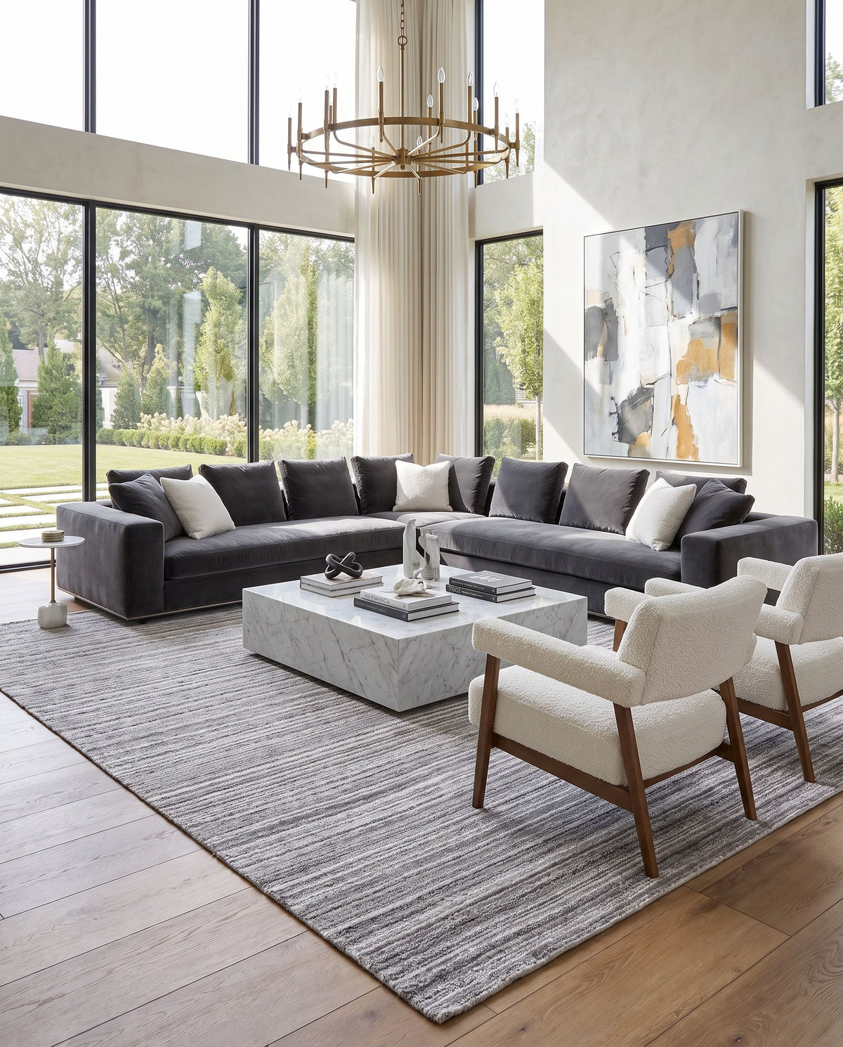 Patricia PCA-2301 Hand Loomed Rug as the centerpiece of a bright luxury living room — a hand loomed cottage area rug in silver, charcoal, ash gray and pewter tones