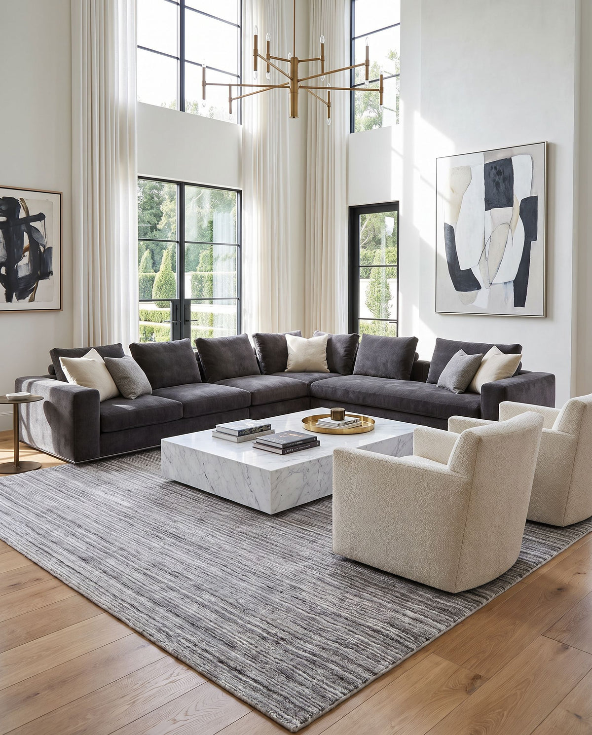 Patricia PCA-2301 Hand Loomed Rug styled in an elegant designer living room — hand loomed cottage area rug in silver, charcoal, ash gray and pewter tones