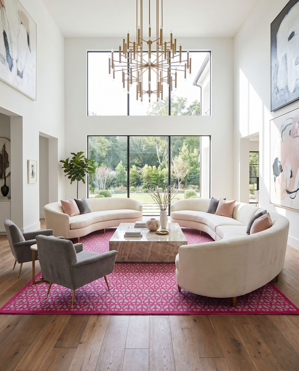 Peace PCE-1000 Hand Woven Rug as the centerpiece of a bright luxury living room — a hand woven contemporary area rug in fuchsia and light sage tones