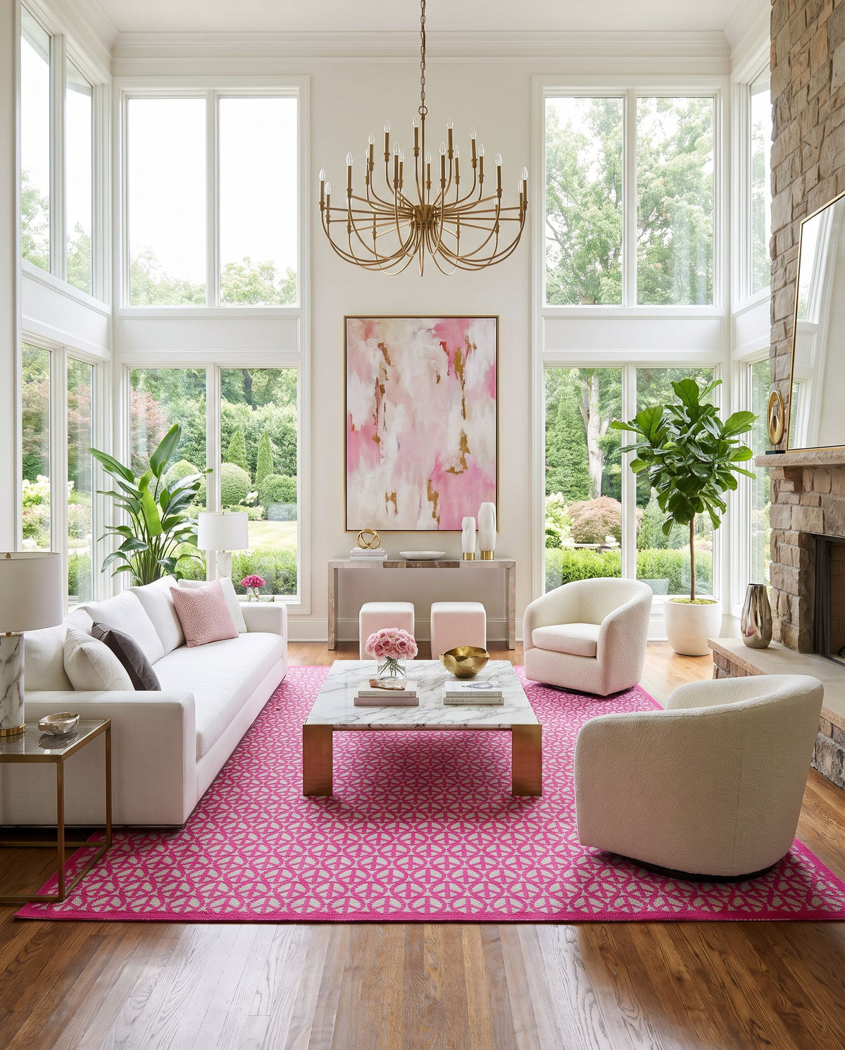 Peace PCE-1000 Hand Woven Rug styled in an elegant designer living room — hand woven contemporary area rug in fuchsia and light sage tones
