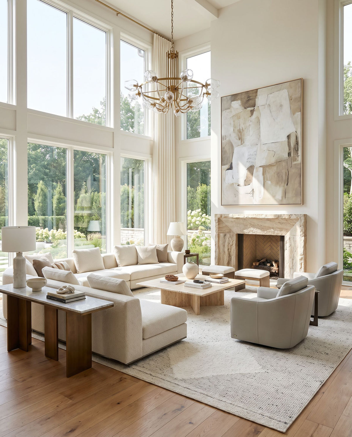 Peru PEU-2301 Hand Woven Rug as the centerpiece of a bright luxury living room — a hand woven transitional, bohemian area rug in ivory, charcoal, dove gray and cream tones