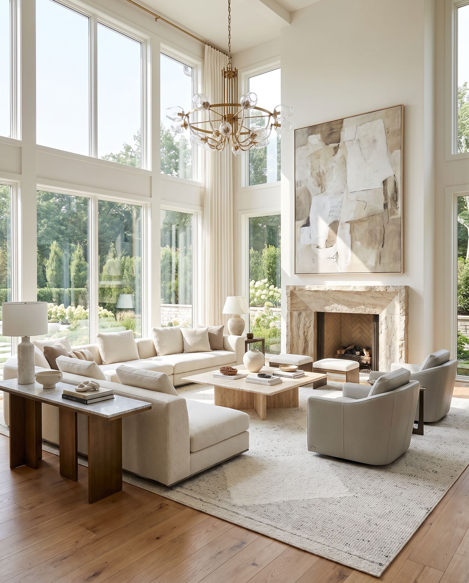 Peru PEU-2301 Hand Woven Rug as the centerpiece of a bright luxury living room — a hand woven transitional, bohemian area rug in ivory, charcoal, dove gray and cream tones