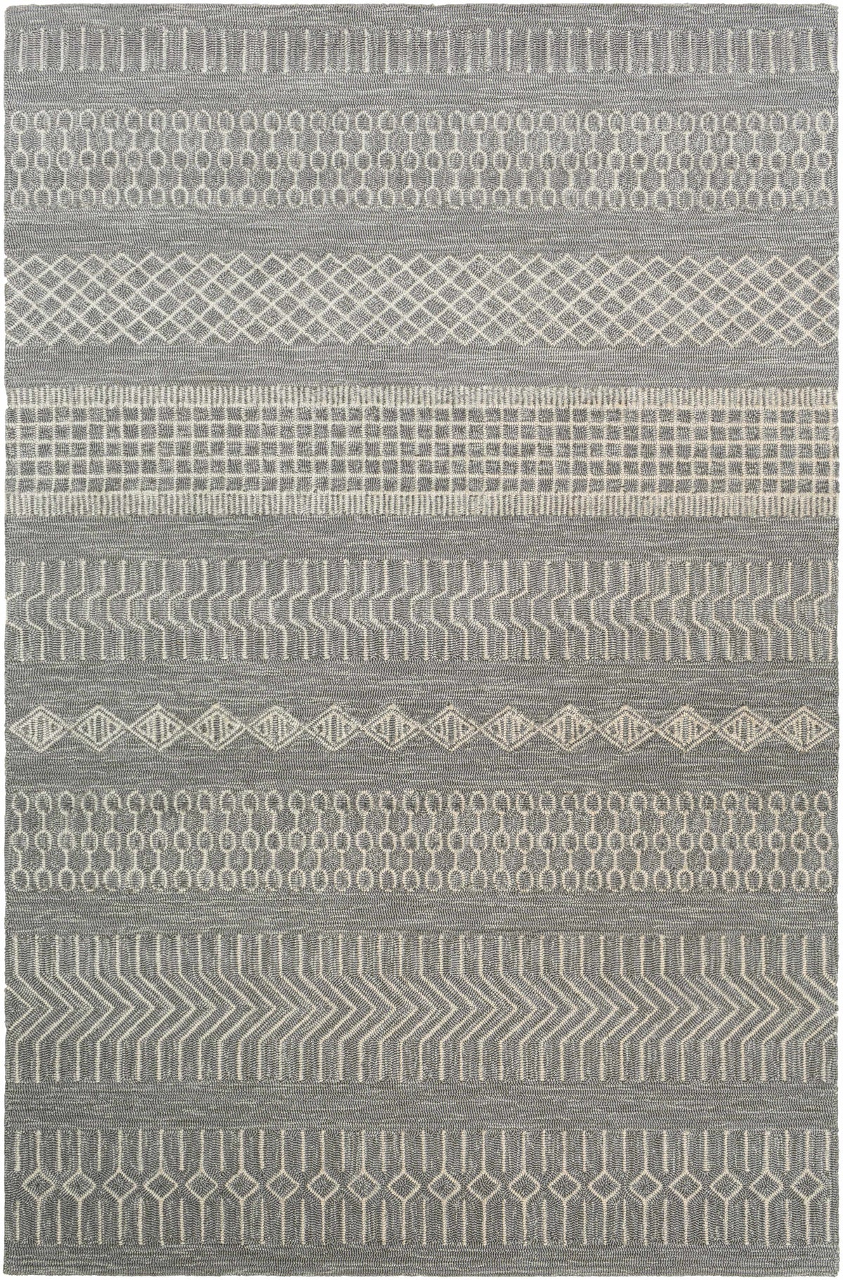 Gray Hand Hooked 100% Polypropylene Global Rectangle Handmade rug, outdoor-safe, no fringe, non-washable.