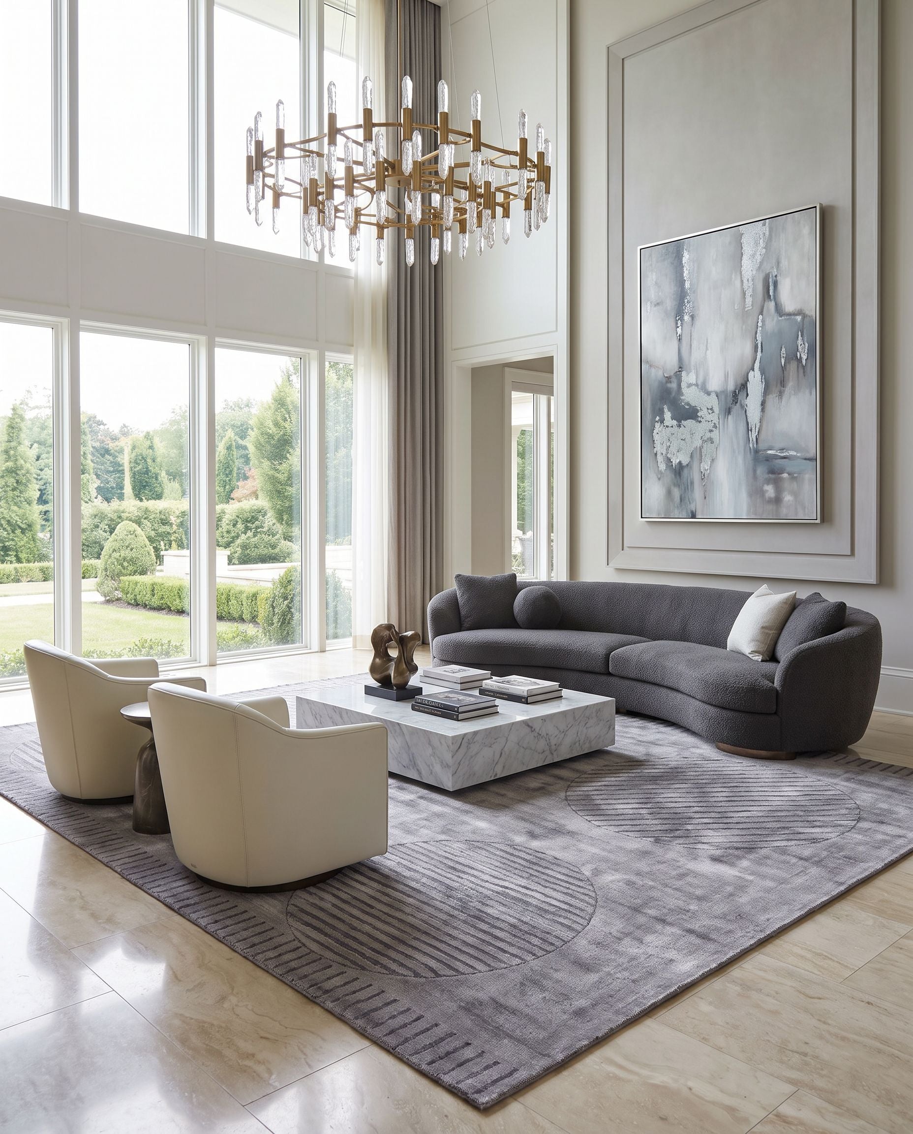Pier PIE-2300 Hand Loomed Rug as the centerpiece of a bright luxury living room — a hand loomed modern area rug in slate gray, charcoal and ash tones