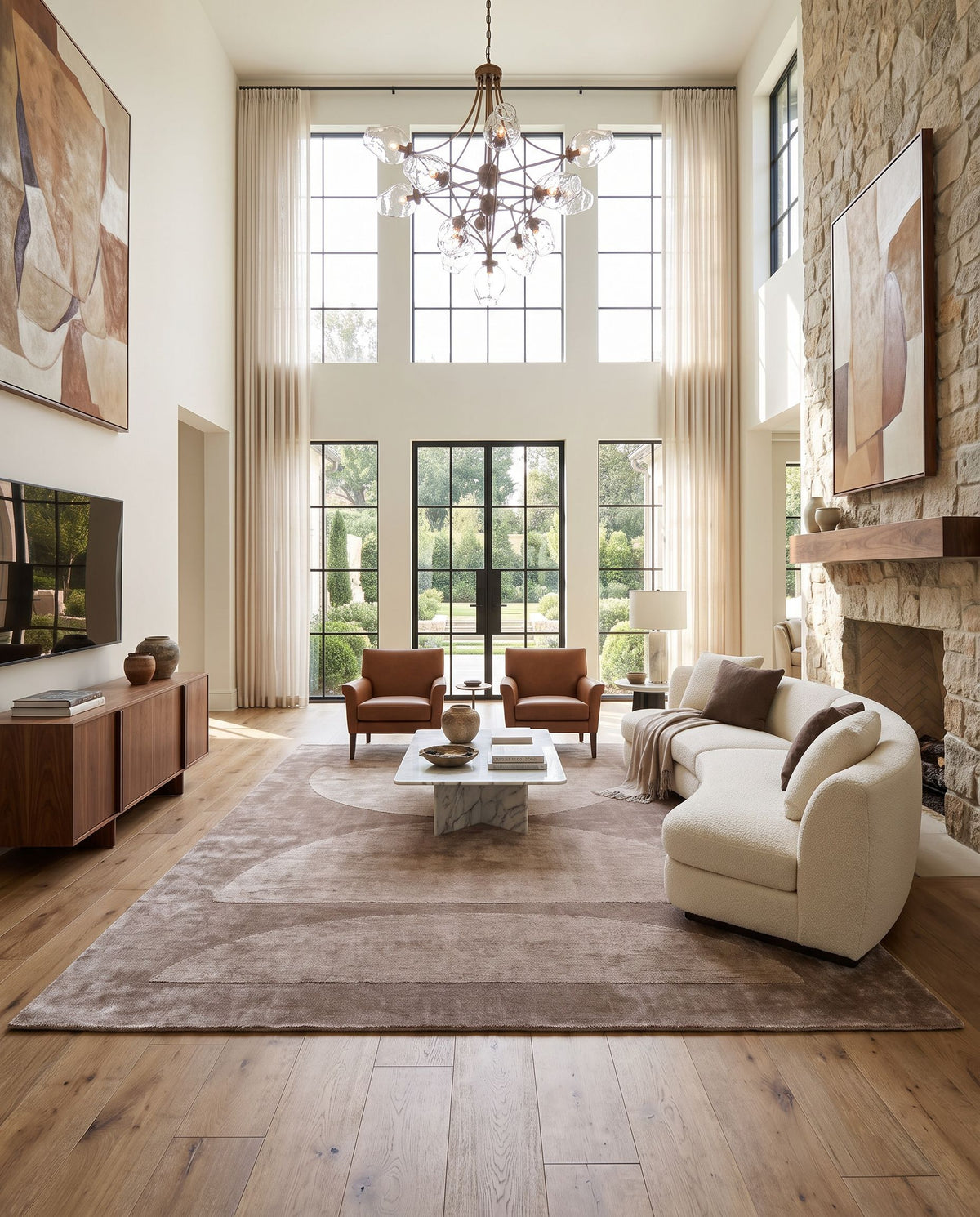 Pier PIE-2301 Hand Loomed Rug as the centerpiece of a bright luxury living room — a hand loomed modern area rug in taupe, sandstone and mocha tones