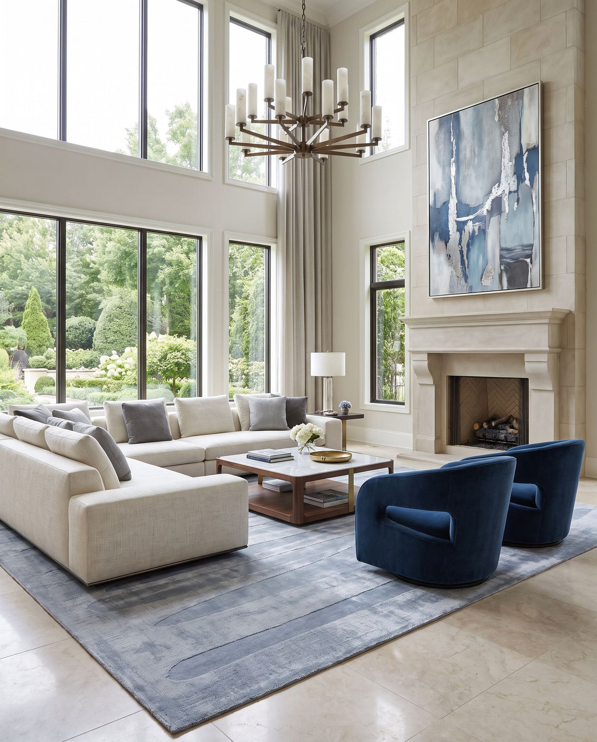 Pier PIE-2302 Hand Loomed Rug as the centerpiece of a bright luxury living room — a hand loomed contemporary area rug in gray, slate blue, metallic silver and medium grey tones