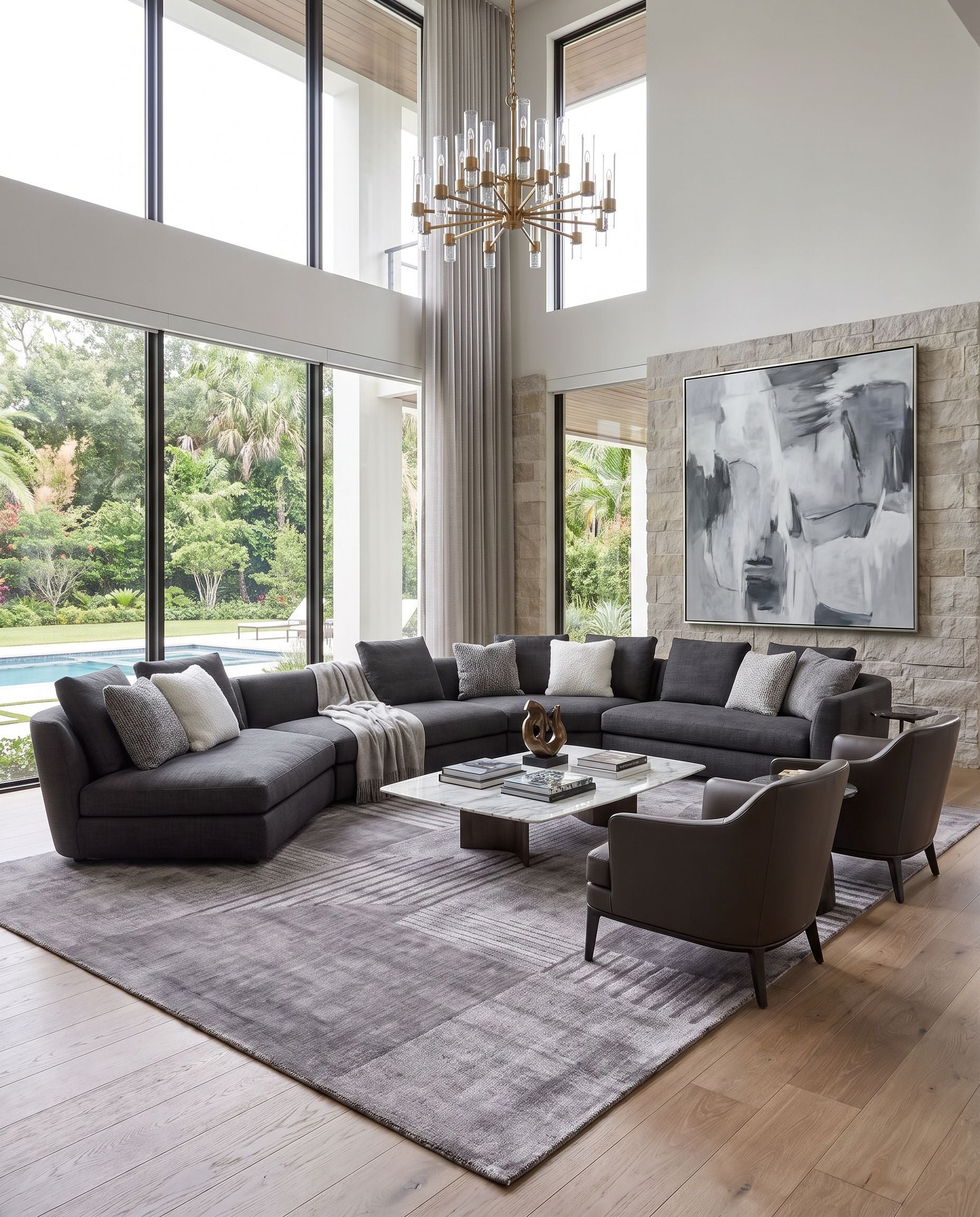 Pier PIE-2303 Hand Loomed Rug as the centerpiece of a bright luxury living room — a hand loomed modern area rug in slate gray, charcoal and ash tones