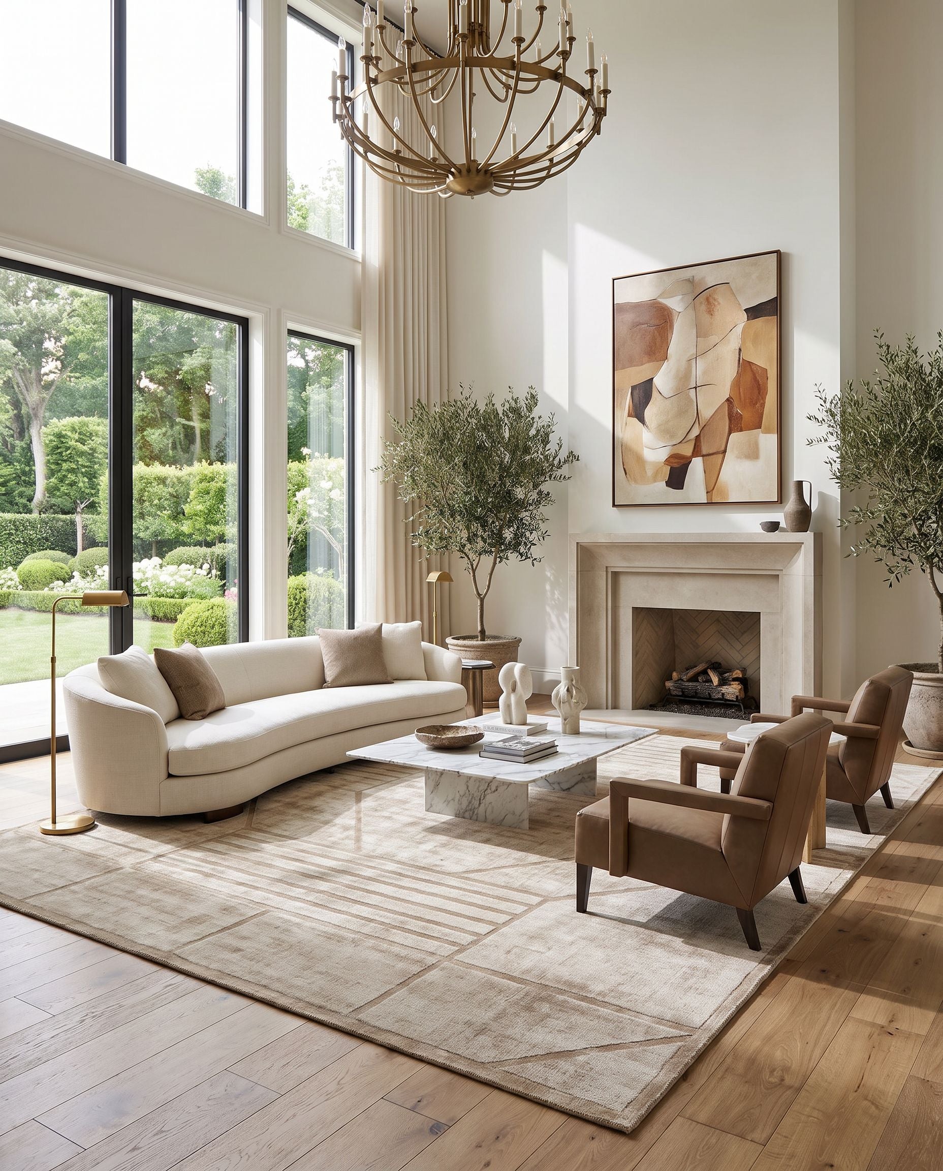 Pier PIE-2306 Hand Loomed Rug as the centerpiece of a bright luxury living room — a hand loomed contemporary area rug in ash, pearl and tan tones