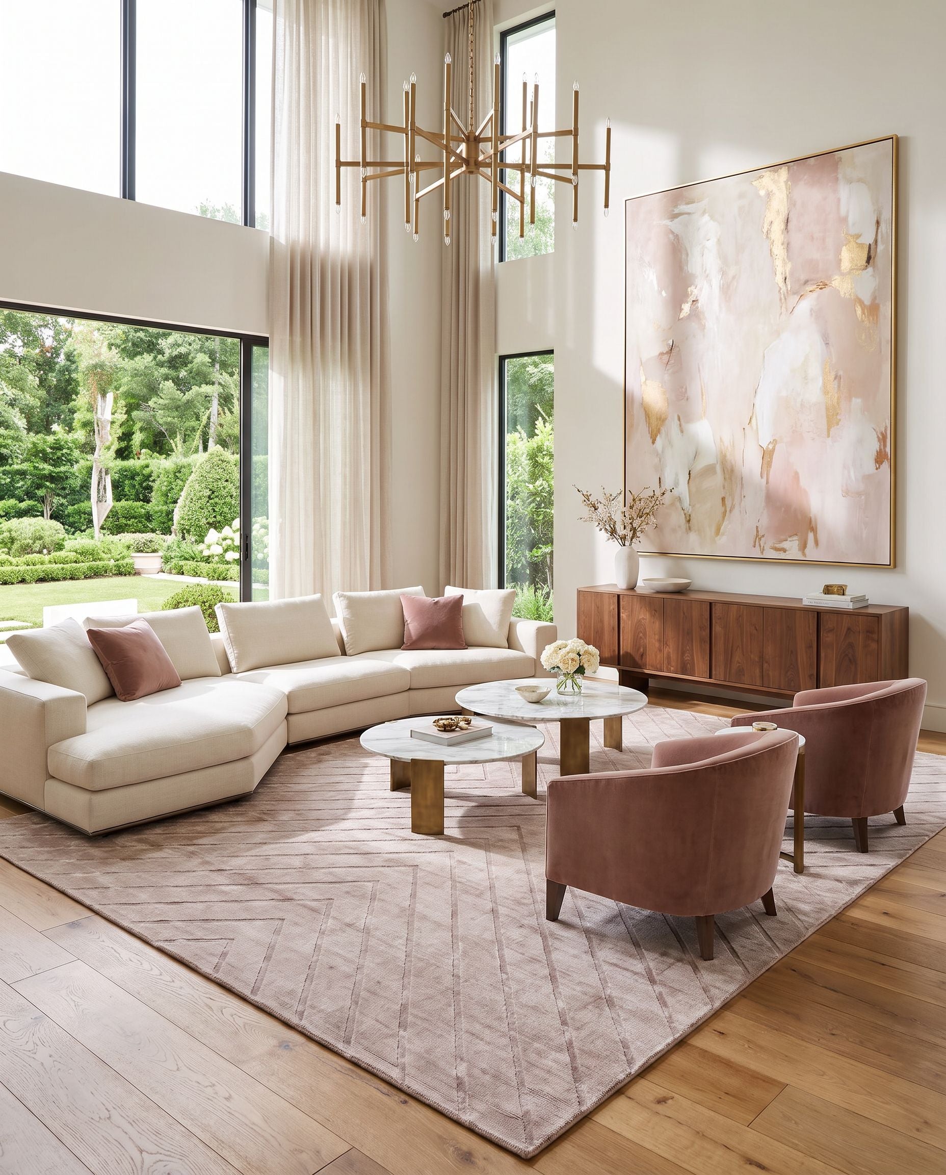 Pier PIE-2307 Hand Loomed Rug as the centerpiece of a bright luxury living room — a hand loomed transitional, traditional area rug in taupe, sandstone and beige tones