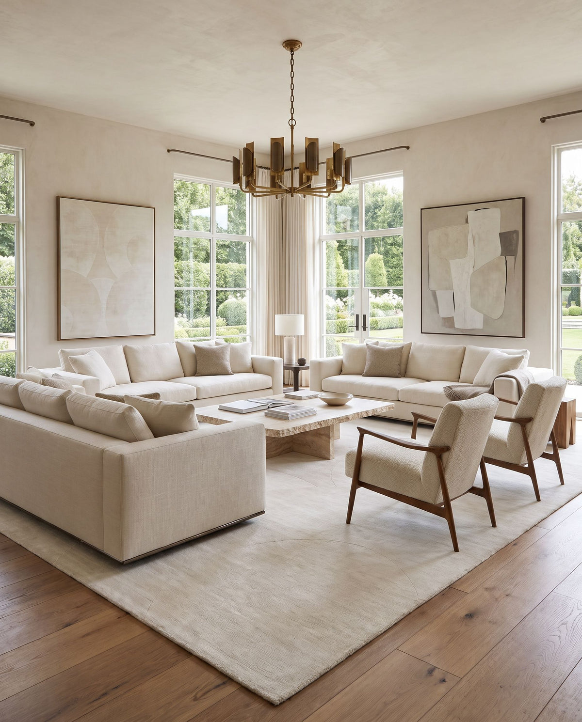 Pier PIE-2308 Hand Loomed Rug styled in an elegant designer living room — hand loomed modern area rug in ivory, pearl and alabaster tones