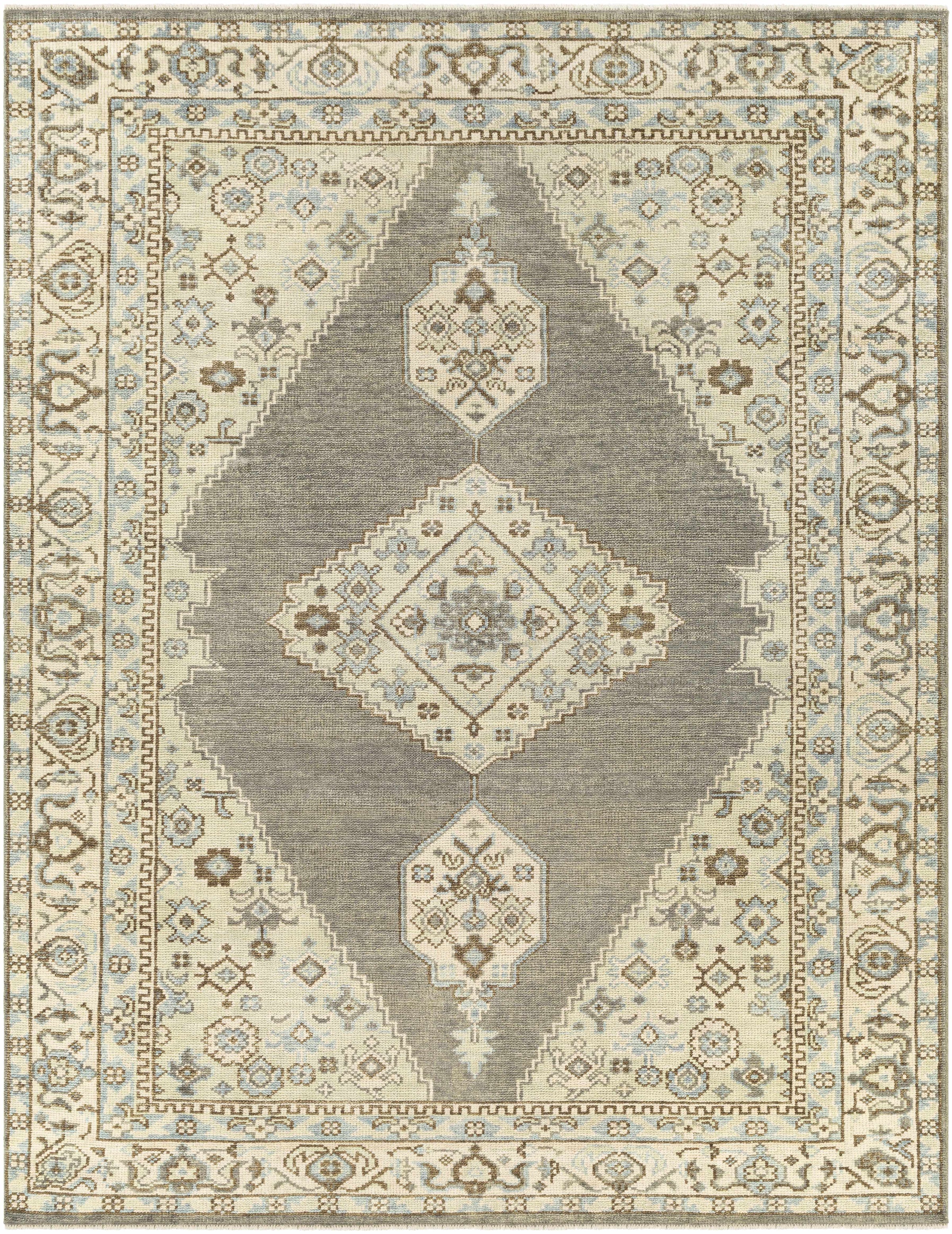 Charcoal Hand Knotted 100% Wool Traditional Rectangle Handmade rug, Indoor use only, has fringe, non-washable.
