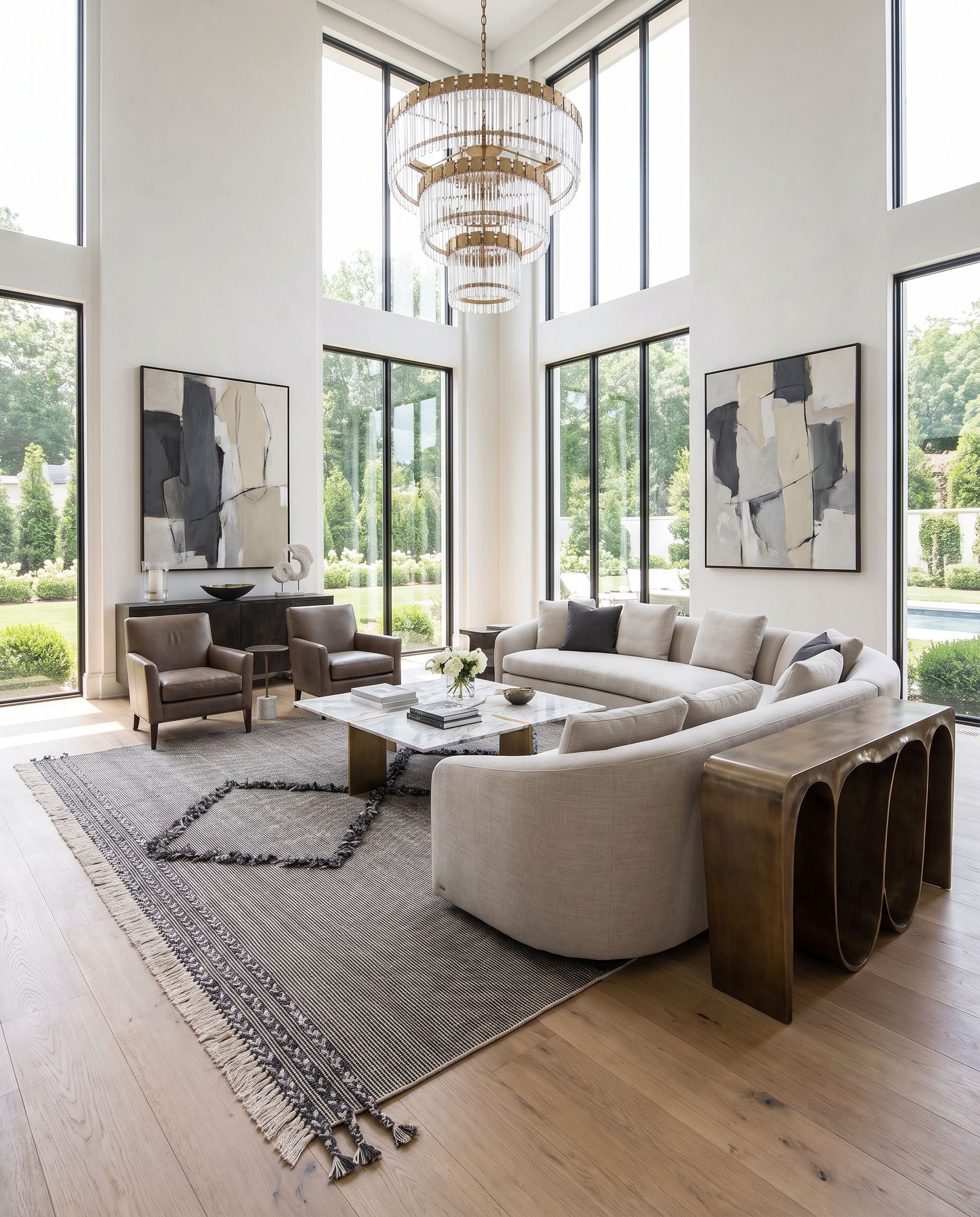 Palo Alto PLA-2301 Hand Woven Rug as the centerpiece of a bright luxury living room — a hand woven cottage area rug in off-white, black, gray and light beige tones