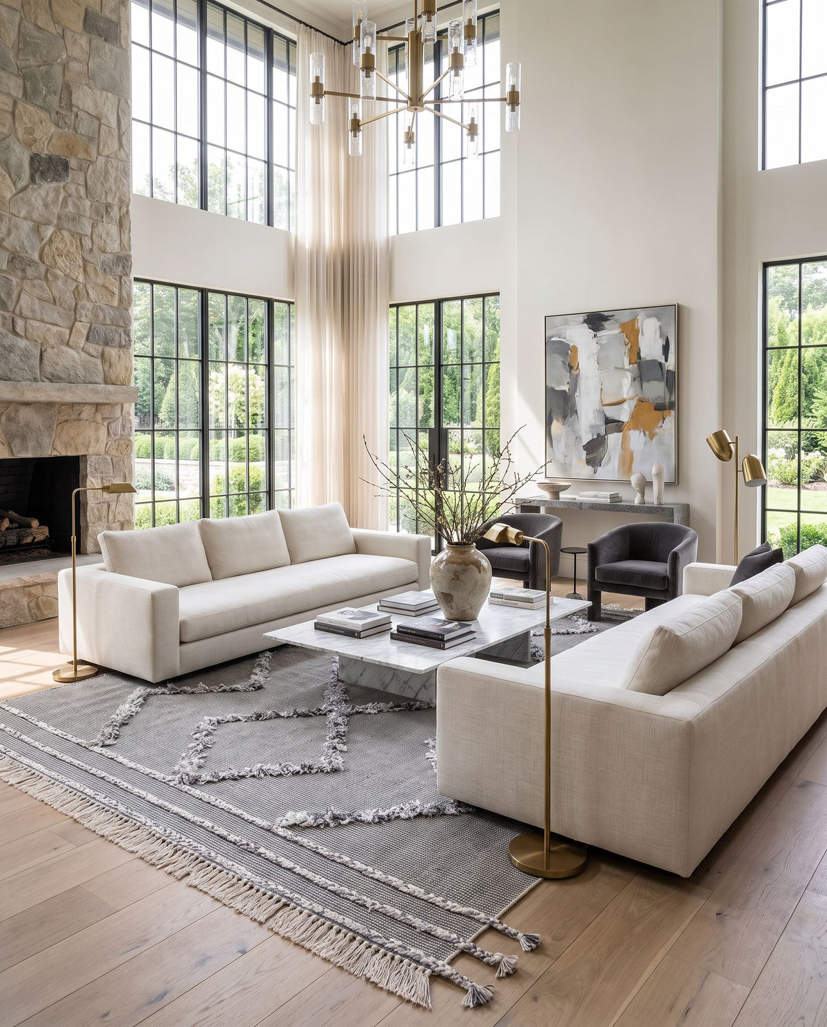 Palo Alto PLA-2303 Hand Woven Rug as the centerpiece of a bright luxury living room — a hand woven cottage area rug in deep teal, off-white, black and light gray tones