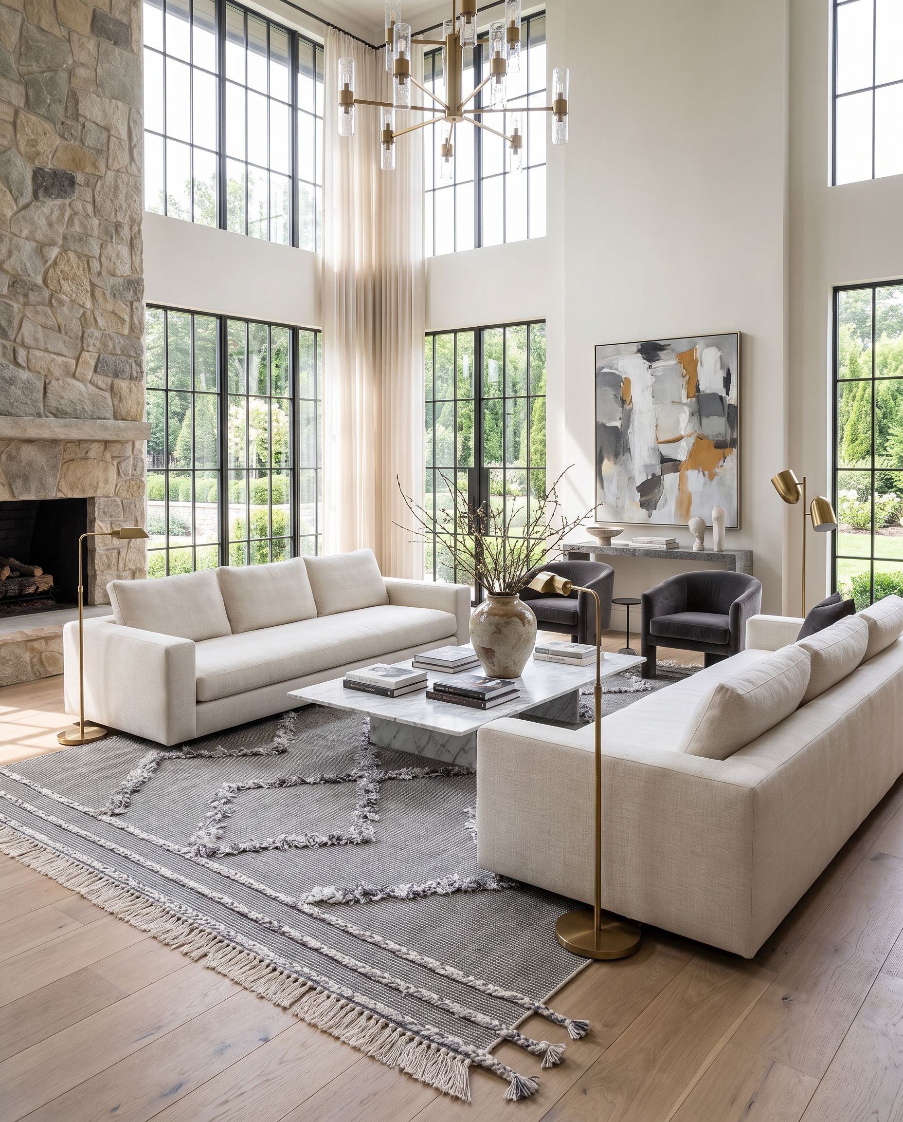Palo Alto PLA-2303 Hand Woven Rug as the centerpiece of a bright luxury living room — a hand woven cottage area rug in deep teal, off-white, black and light gray tones
