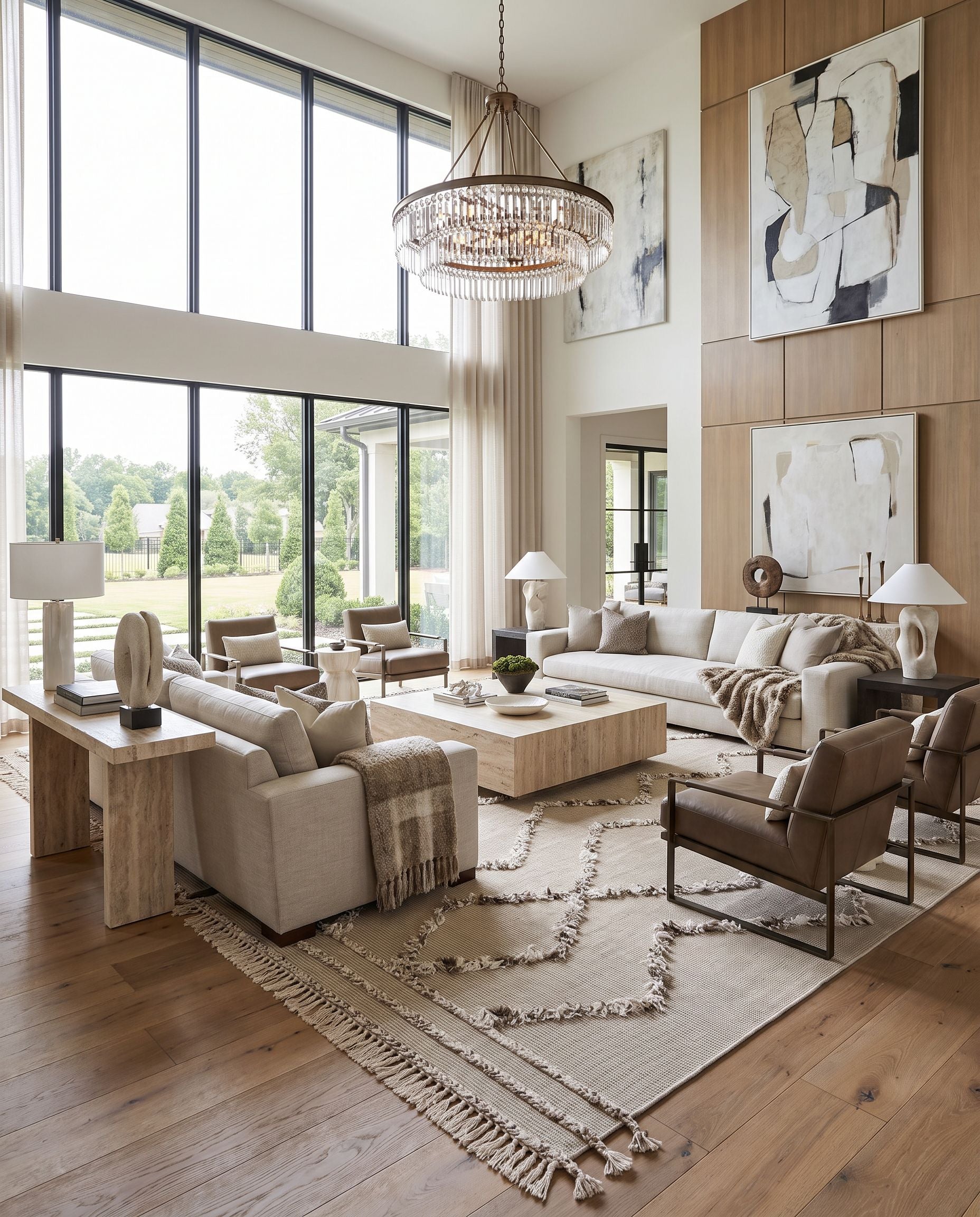 Palo Alto PLA-2304 Hand Woven Rug as the centerpiece of a bright luxury living room — a hand woven cottage area rug in taupe, brown, dark brown and charcoal tones