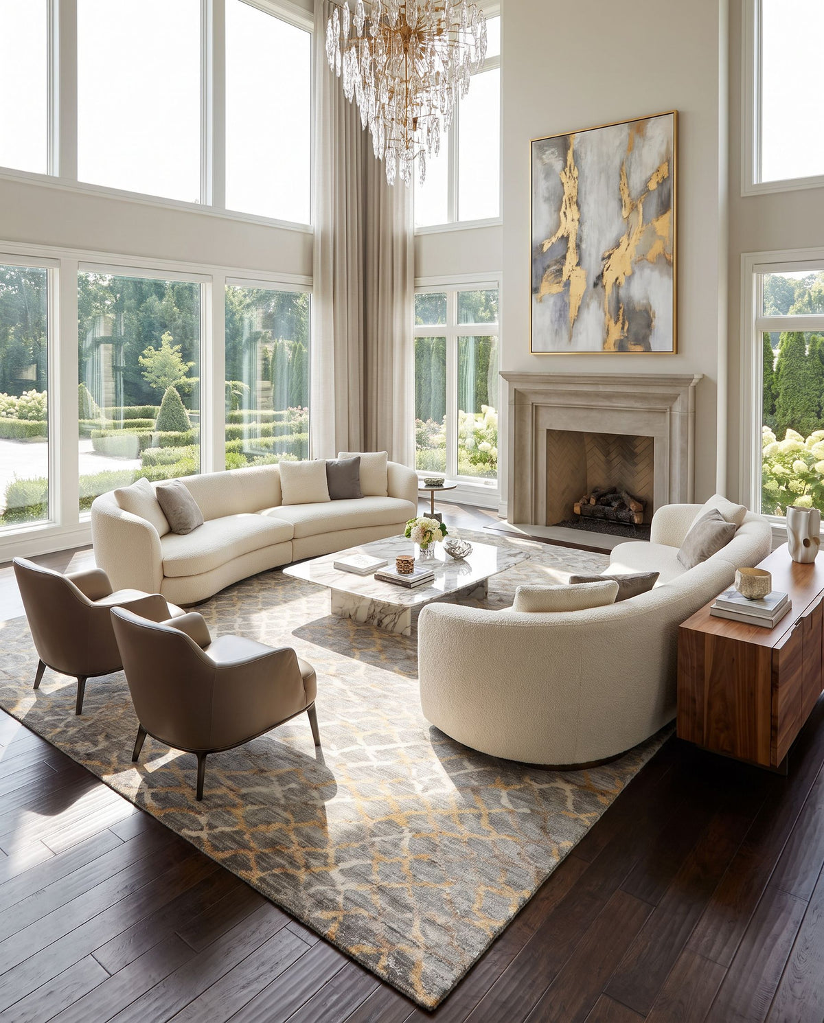 Platinum PLAT-9018 Hand Knotted Rug as the centerpiece of a bright luxury living room — a hand knotted modern area rug in gray, beige, off-white and brown tones