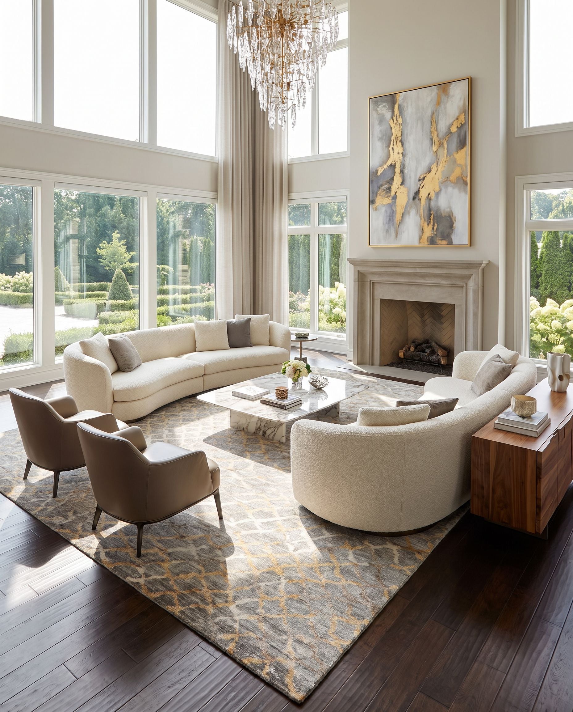 Platinum PLAT-9018 Hand Knotted Rug as the centerpiece of a bright luxury living room — a hand knotted modern area rug in gray, beige, off-white and brown tones