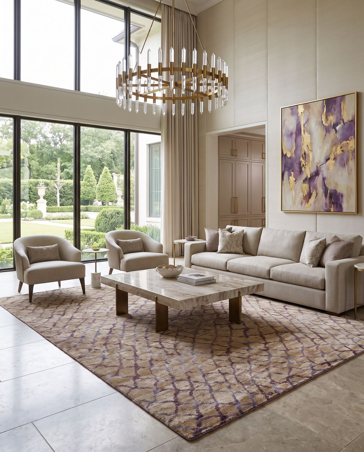 Platinum PLAT-9020 Hand Knotted Rug as the centerpiece of a bright luxury living room — a hand knotted modern area rug in dusty sage, gray, plum and lilac tones