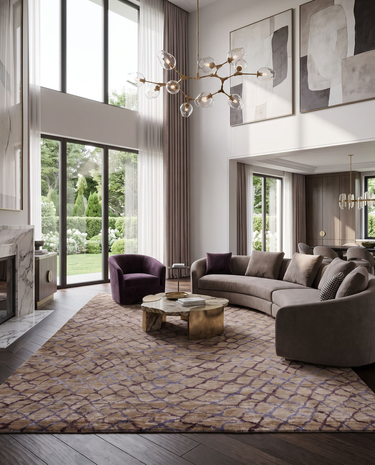 Platinum PLAT-9020 Hand Knotted Rug styled in an elegant designer living room — hand knotted modern area rug in dusty sage, gray, plum and lilac tones