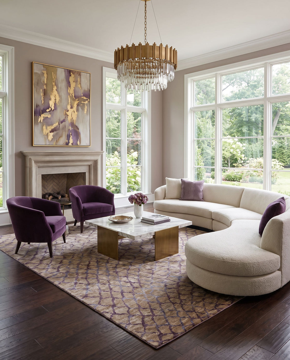 Platinum PLAT-9020 Hand Knotted Rug styled in an elegant designer living room — hand knotted modern area rug in dusty sage, gray, plum and lilac tones