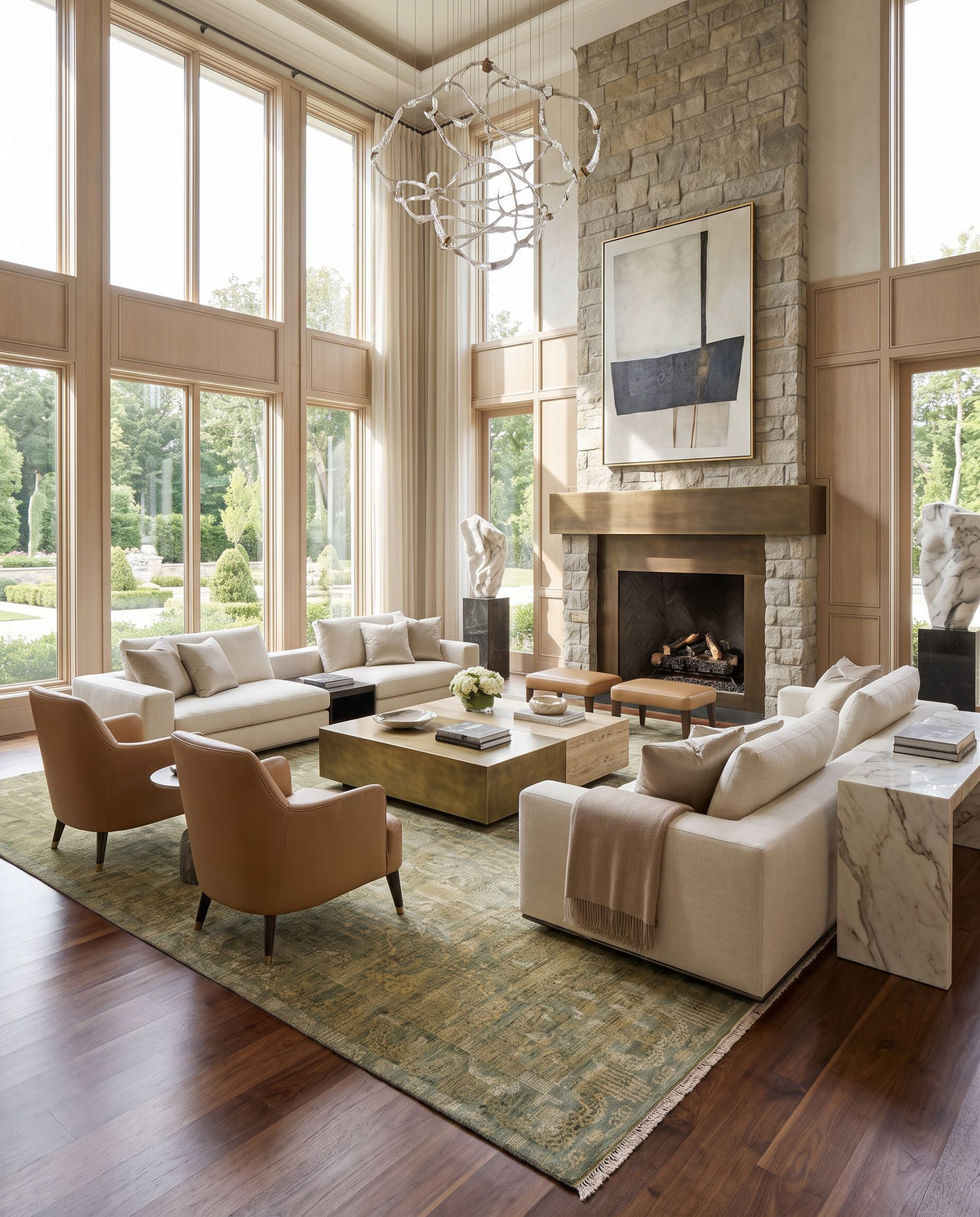 Palace PLC-1000 Hand Knotted Rug as the centerpiece of a bright luxury living room — a hand knotted traditional area rug in mustard, yellow and medium green tones