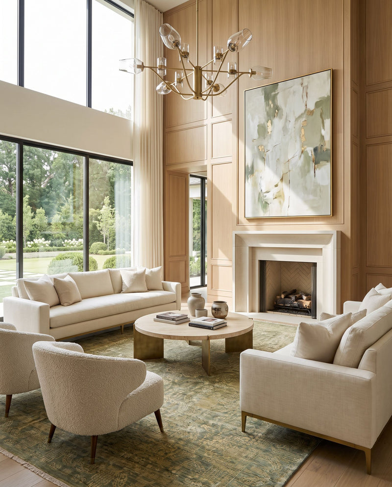 Palace PLC-1000 Hand Knotted Rug styled in an elegant designer living room — hand knotted traditional area rug in mustard, yellow and medium green tones