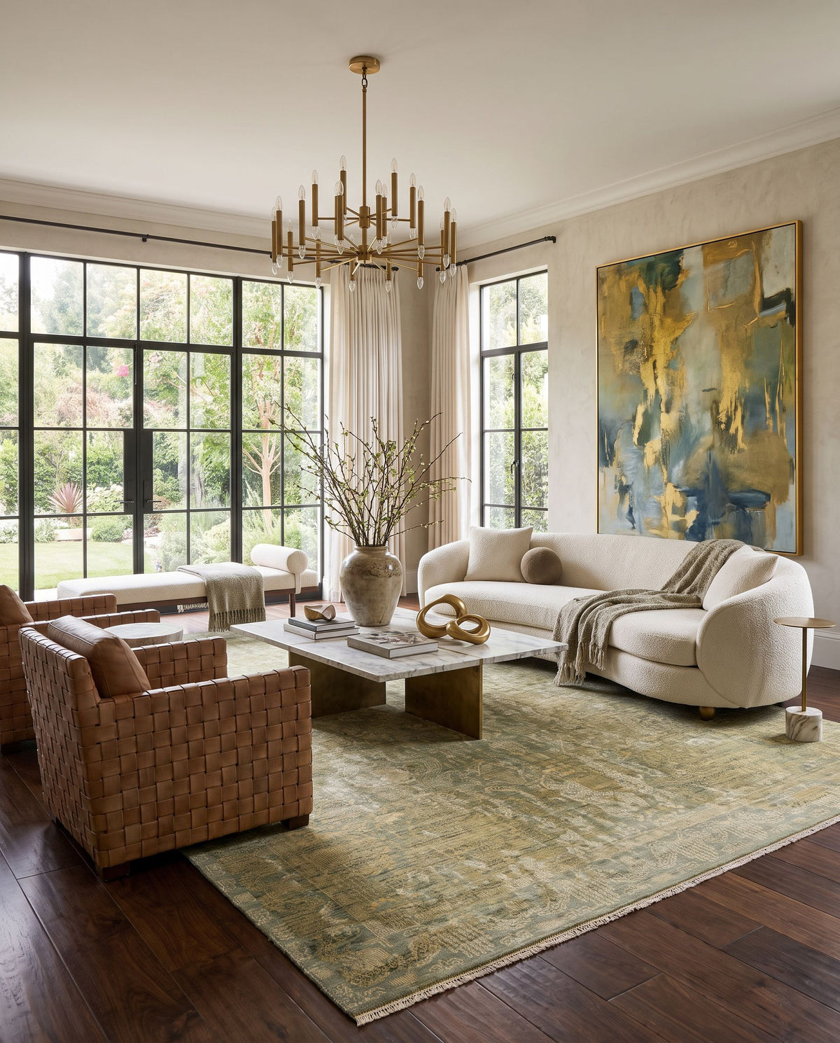 Palace PLC-1000 Hand Knotted Rug styled in an elegant designer living room — hand knotted traditional area rug in mustard, yellow and medium green tones