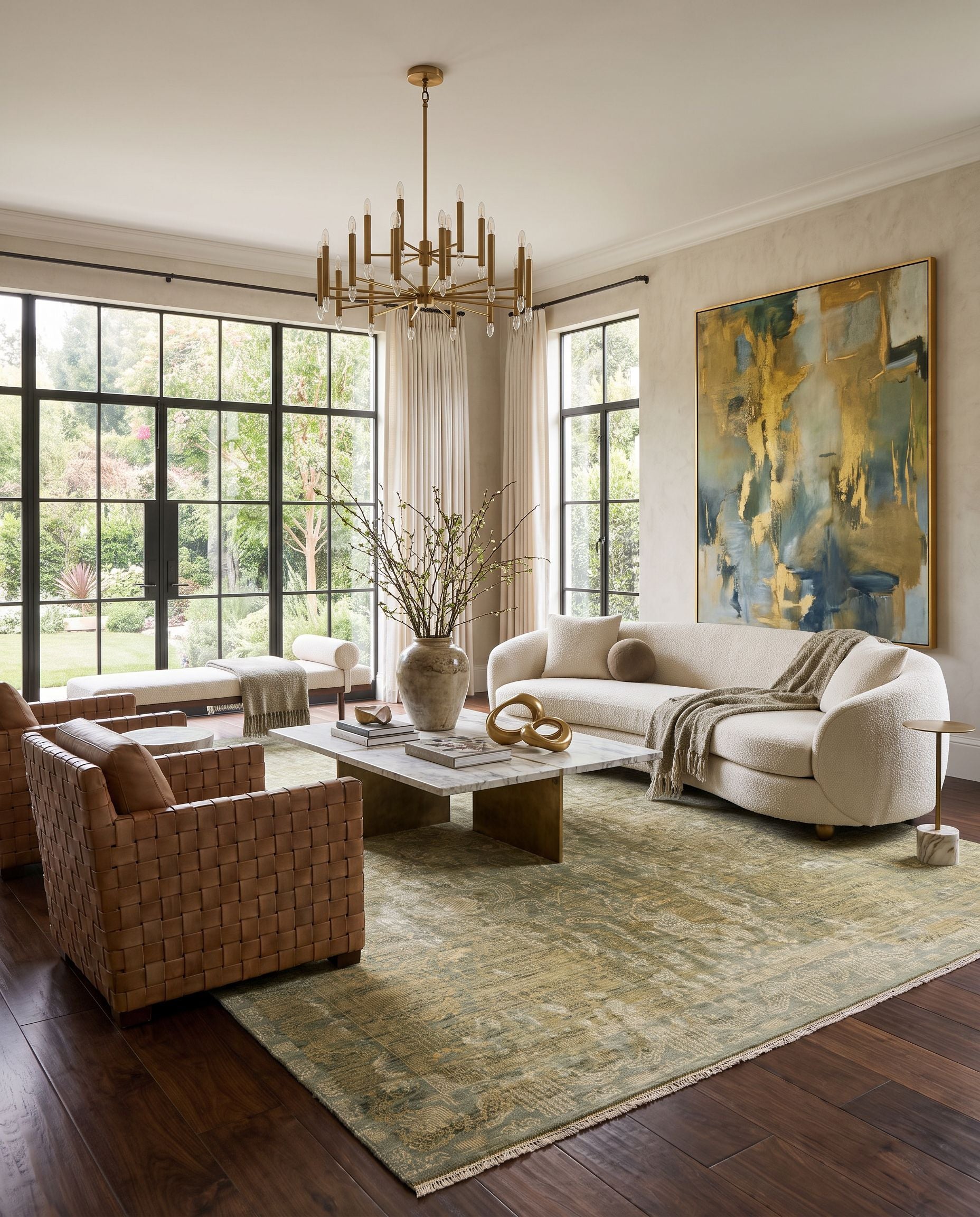 Palace PLC-1000 Hand Knotted Rug styled in an elegant designer living room — hand knotted traditional area rug in mustard, yellow and medium green tones