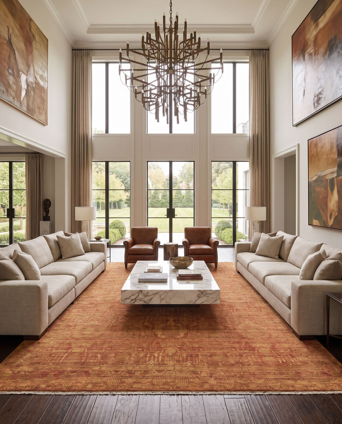 Palace PLC-1002 Hand Knotted Rug as the centerpiece of a bright luxury living room — a hand knotted traditional area rug in tan and rust tones