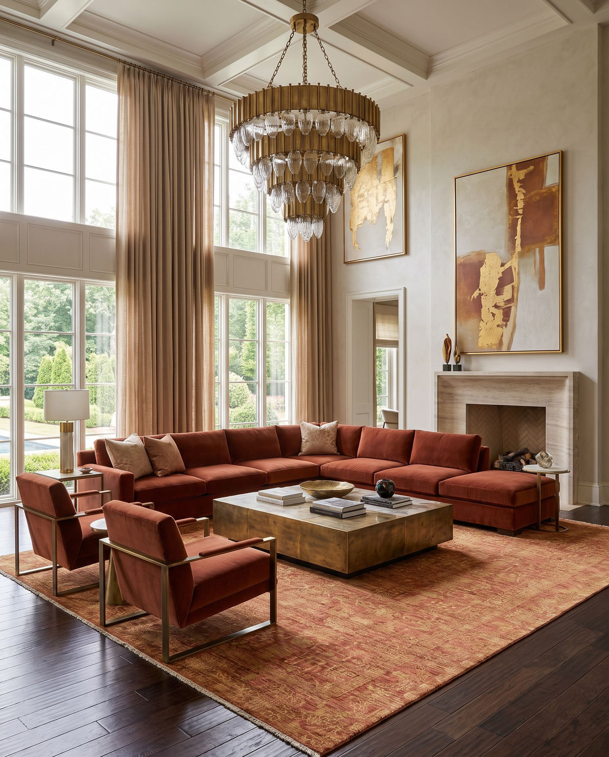 Palace PLC-1002 Hand Knotted Rug styled in an elegant designer living room — hand knotted traditional area rug in tan and rust tones
