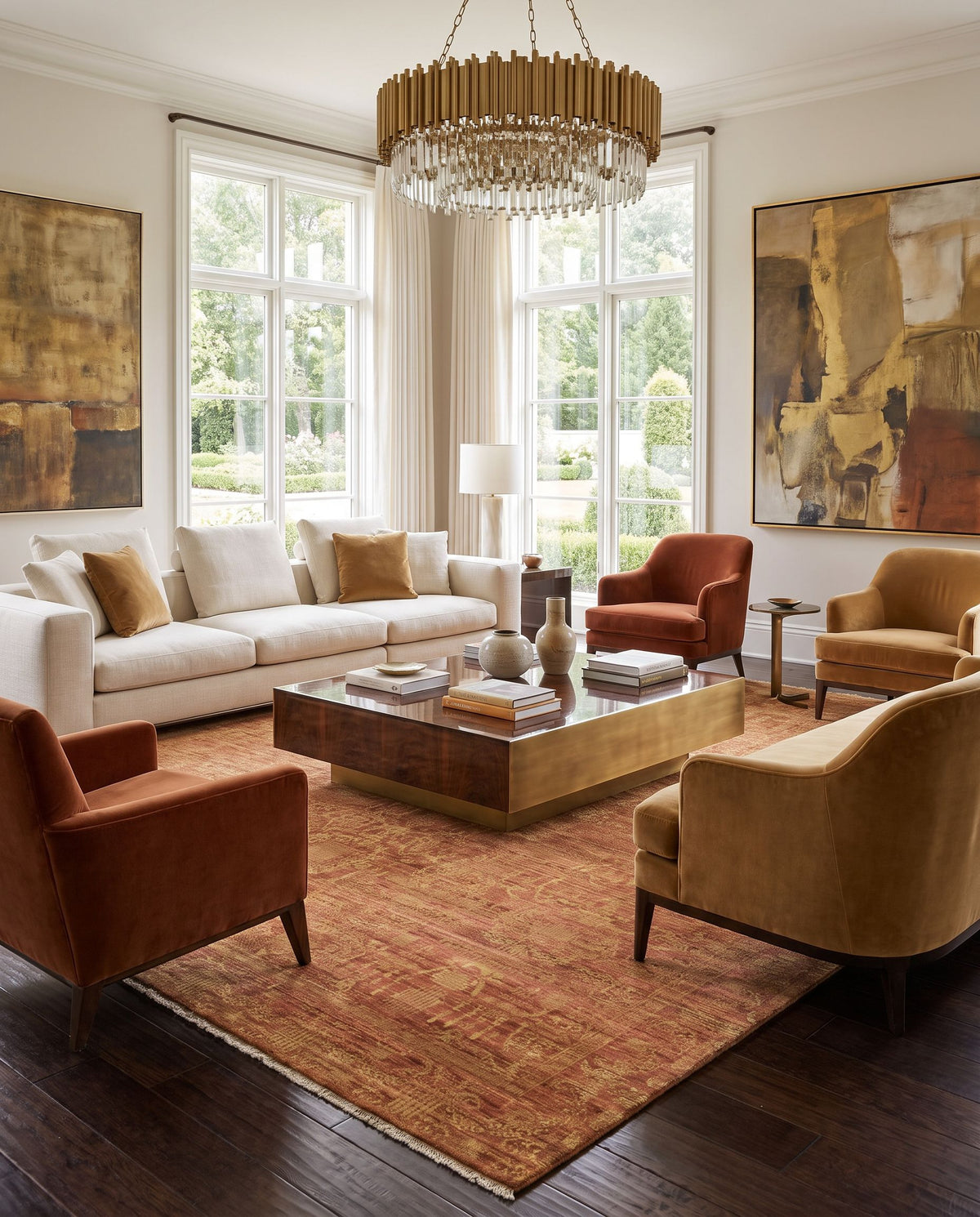 Palace PLC-1002 Hand Knotted Rug styled in an elegant designer living room — hand knotted traditional area rug in tan and rust tones