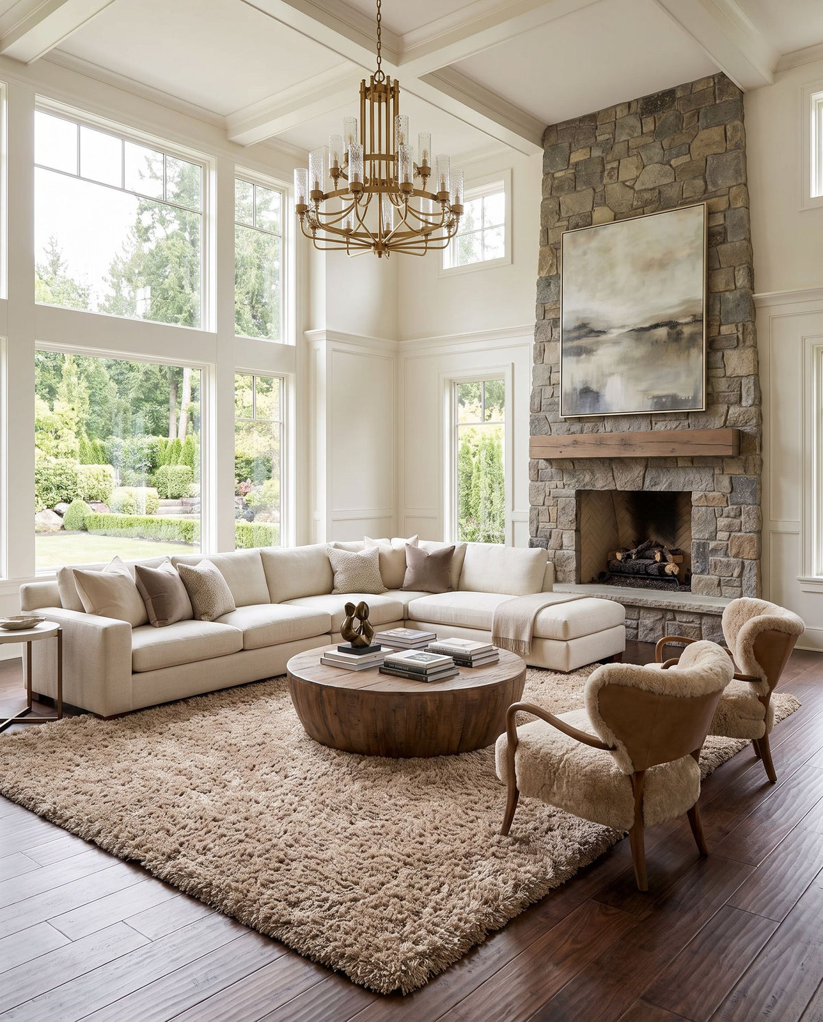 Portland PLD-2003 Hand Woven Rug as the centerpiece of a bright luxury living room — a hand woven modern area rug in tan tones
