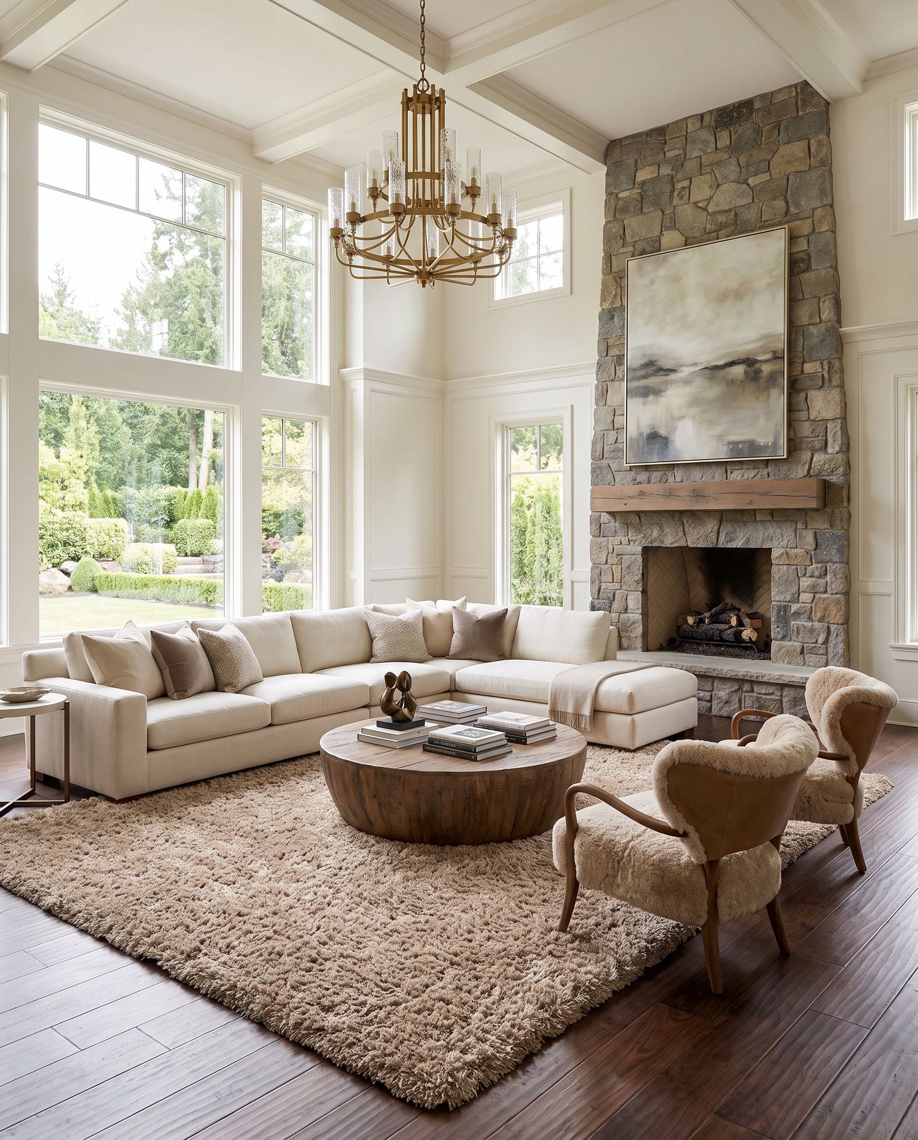 Portland PLD-2003 Hand Woven Rug as the centerpiece of a bright luxury living room — a hand woven modern area rug in tan tones