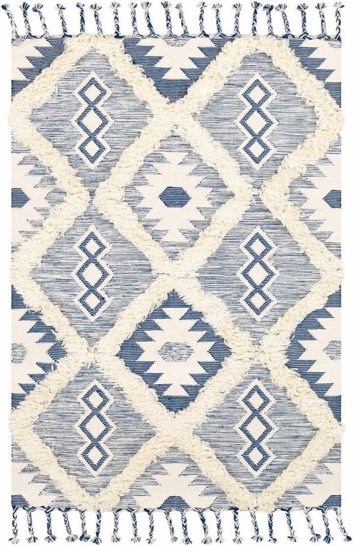 Dark Blue Hand Woven 100% Wool Global Rectangle Handmade rug, Indoor use only, has fringe, non-washable. runner also available