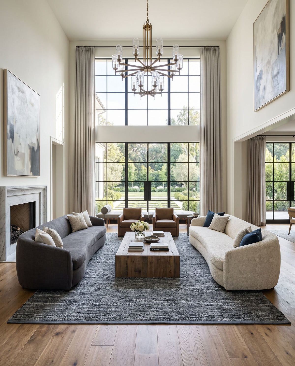 Porter POE-2300 Hand Woven Rug as the centerpiece of a bright luxury living room — a hand woven modern area rug in denim, blue and pale blue tones