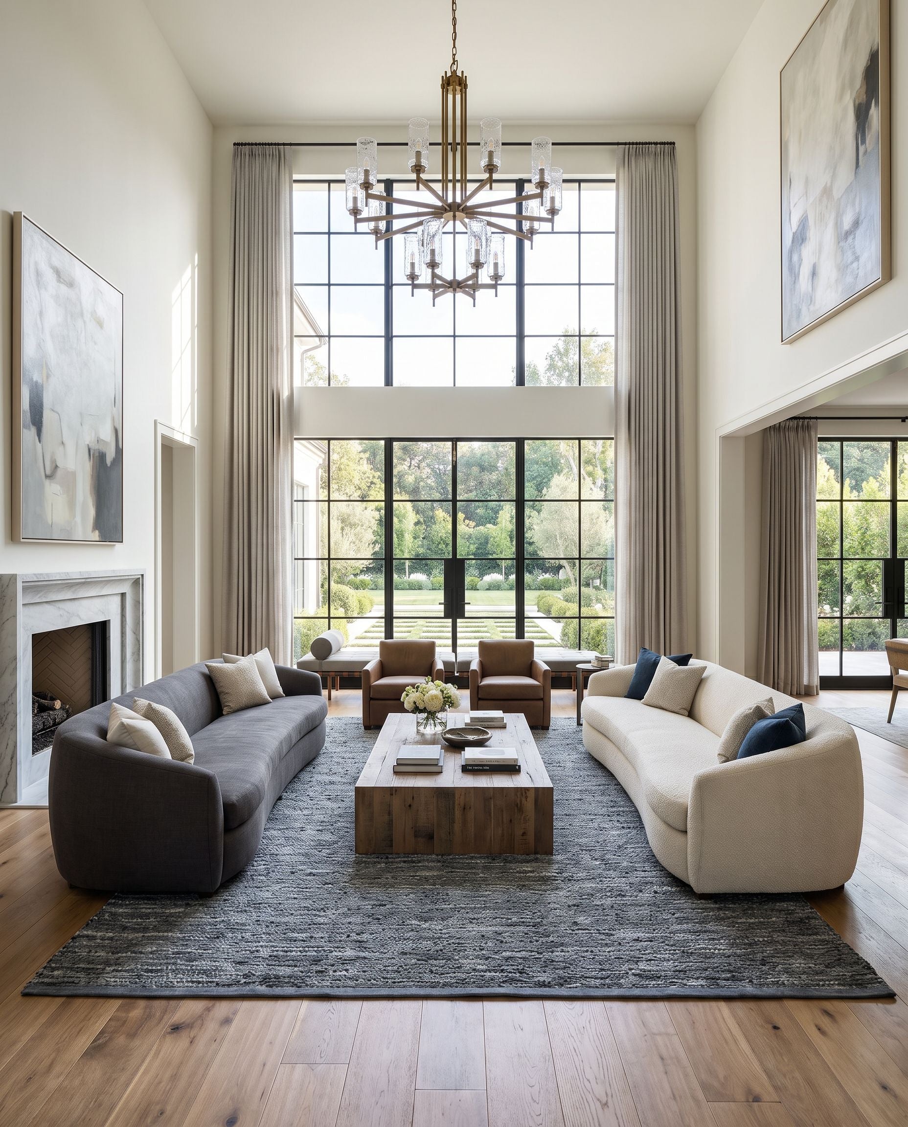 Porter POE-2300 Hand Woven Rug as the centerpiece of a bright luxury living room — a hand woven modern area rug in denim, blue and pale blue tones