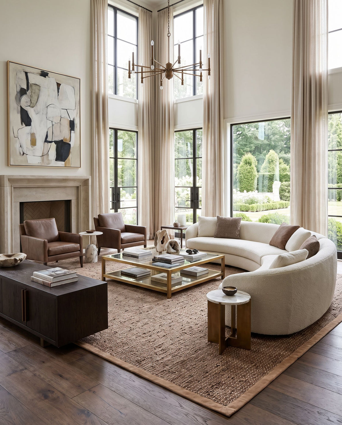 Porter POE-2303 Hand Woven Rug as the centerpiece of a bright luxury living room — a hand woven modern area rug in charcoal and beige tones