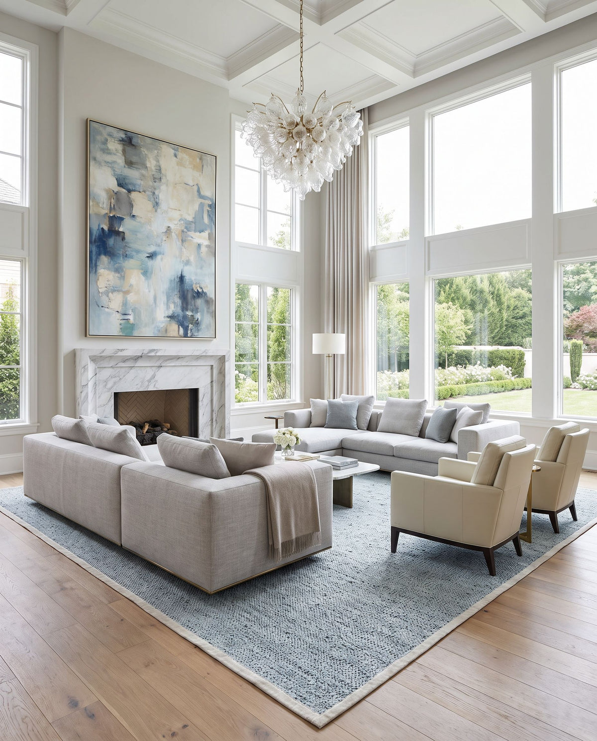 Porter POE-2304 Hand Woven Rug as the centerpiece of a bright luxury living room — a hand woven modern area rug in pale blue, black, light slate and light gray tones