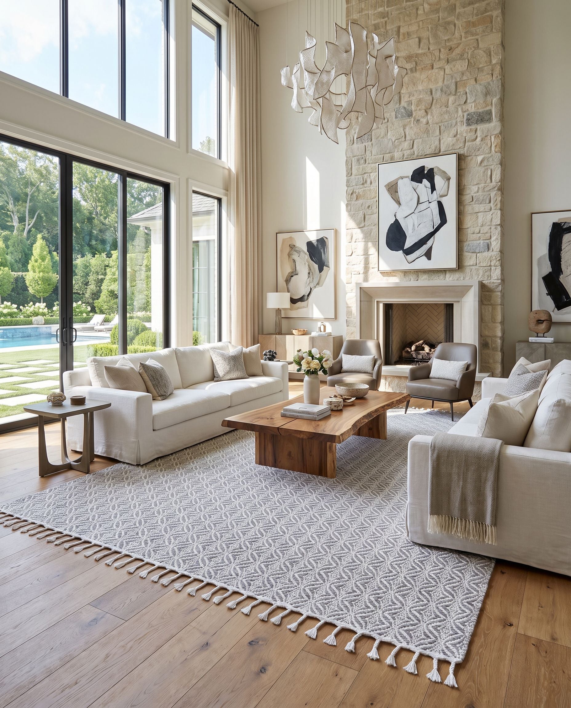 Peony PON-2300 Hand Woven Rug as the centerpiece of a bright luxury living room — a hand woven transitional, traditional area rug in medium gray, dove gray and ivory tones