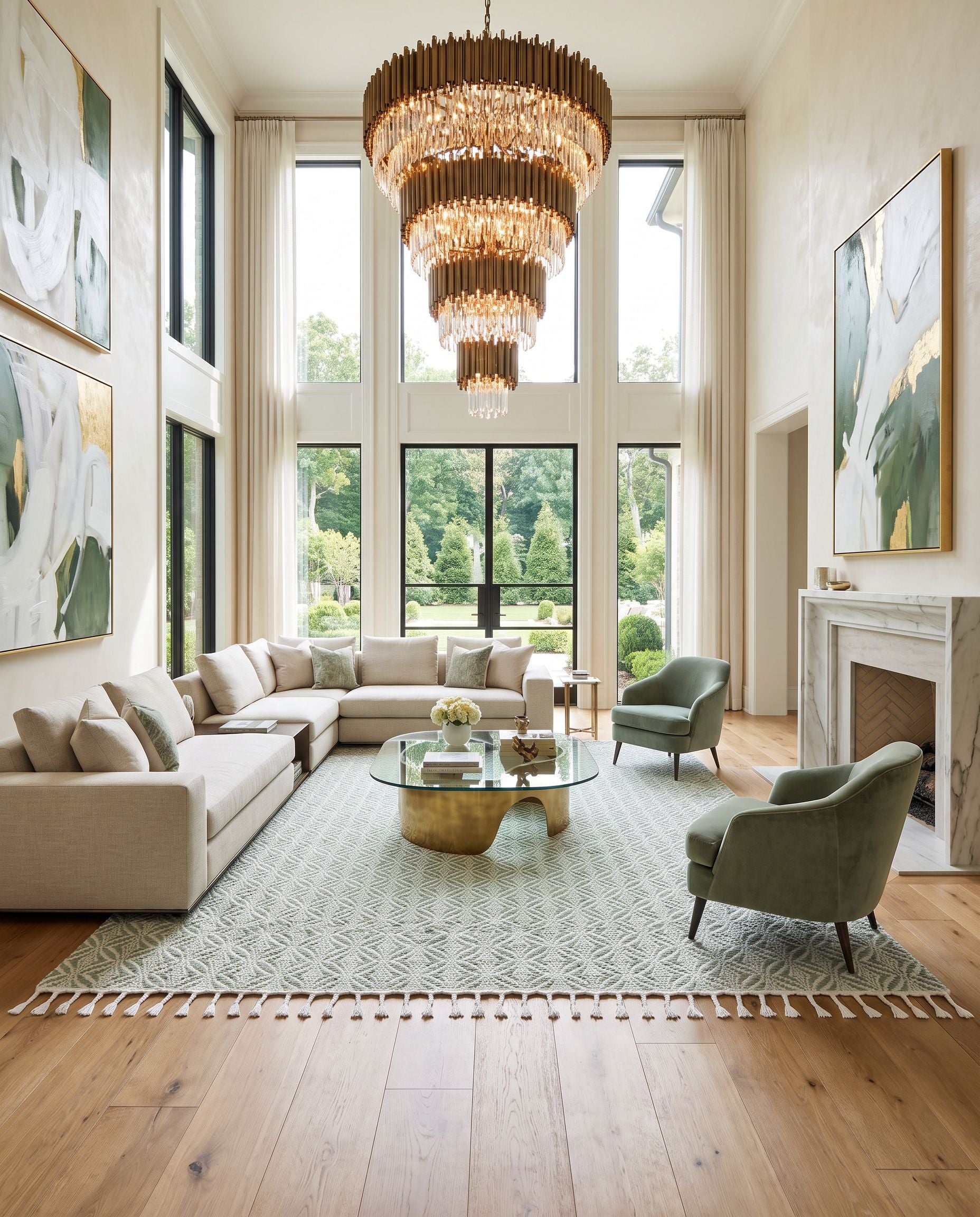 Peony PON-2301 Hand Woven Rug as the centerpiece of a bright luxury living room — a hand woven transitional, traditional area rug in sage, ivory and green tones