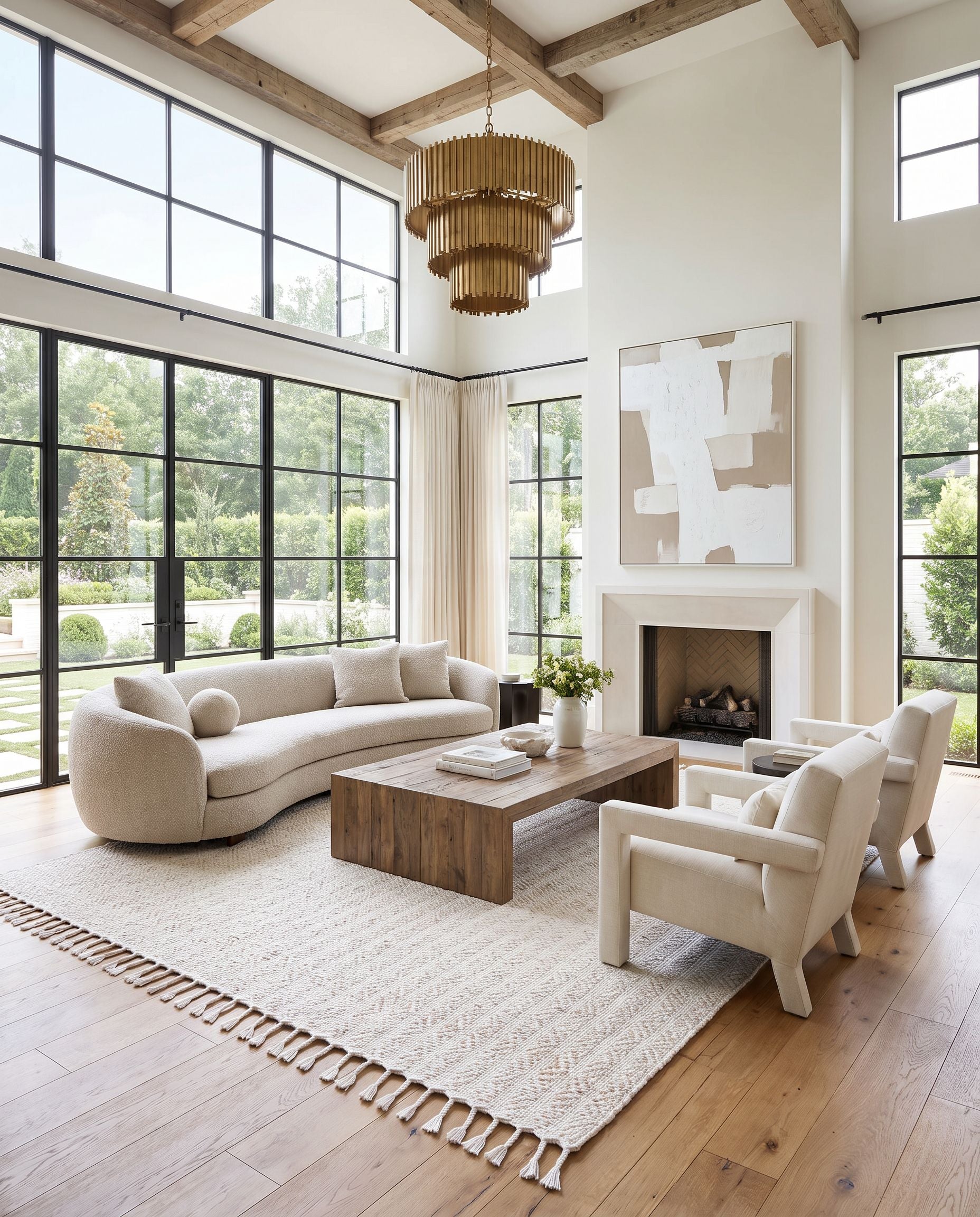 Peony PON-2302 Hand Woven Rug as the centerpiece of a bright luxury living room — a hand woven transitional, traditional area rug in ivory, blush and pearl tones
