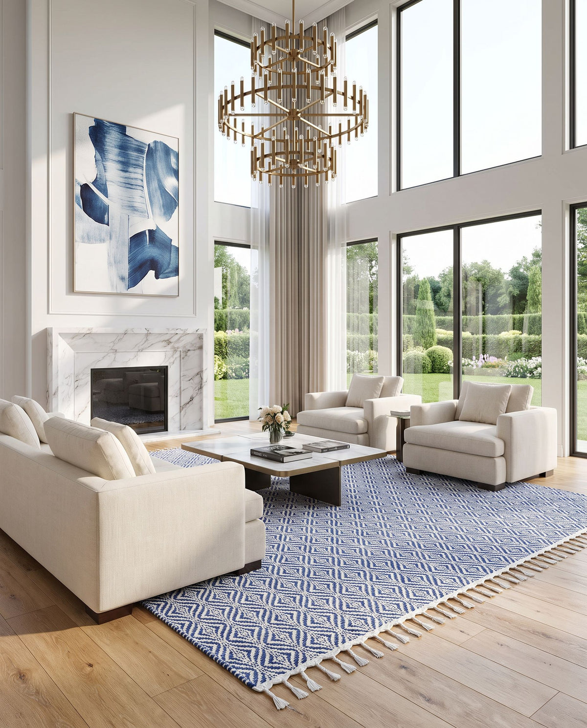 Peony PON-2303 Hand Woven Rug as the centerpiece of a bright luxury living room — a hand woven transitional, traditional area rug in indigo, slate blue and ivory tones