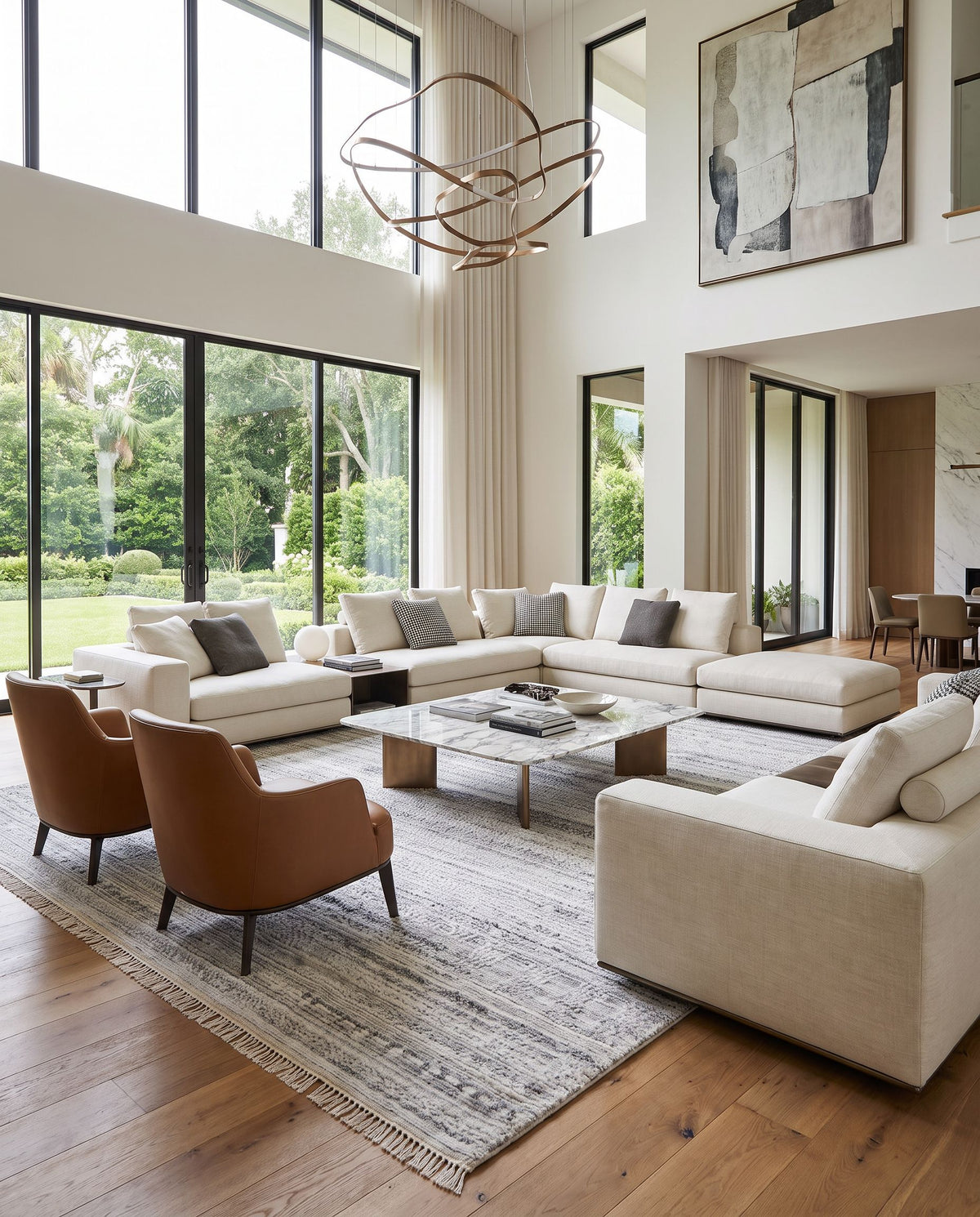 Pompei PPI-2302 Hand Knotted Rug as the centerpiece of a bright luxury living room — a hand knotted rustic area rug in white, black and metallic silver tones