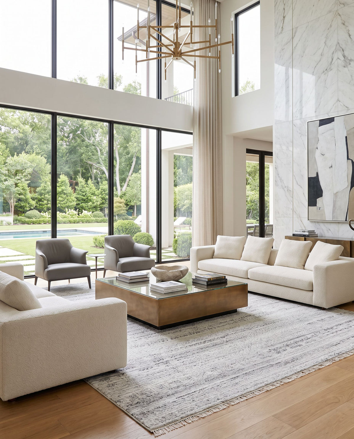 Pompei PPI-2302 Hand Knotted Rug styled in an elegant designer living room — hand knotted rustic area rug in white, black and metallic silver tones