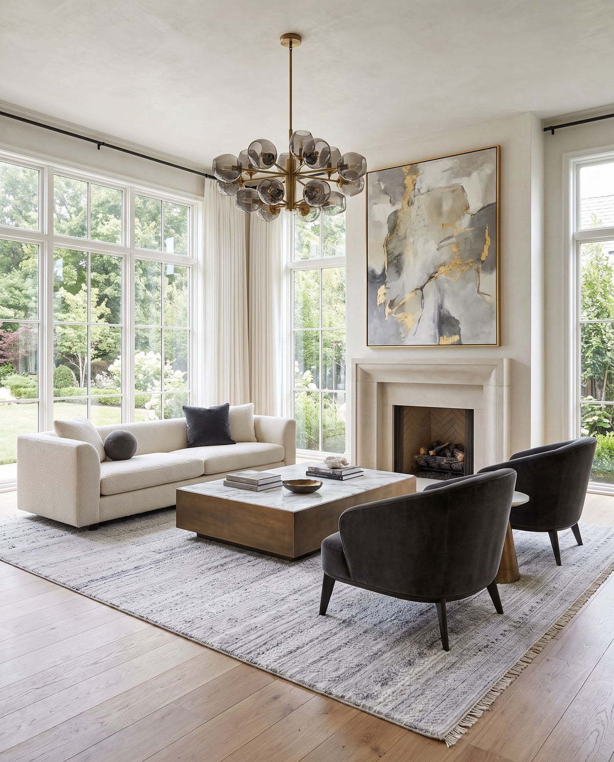 Pompei PPI-2302 Hand Knotted Rug styled in an elegant designer living room — hand knotted rustic area rug in white, black and metallic silver tones