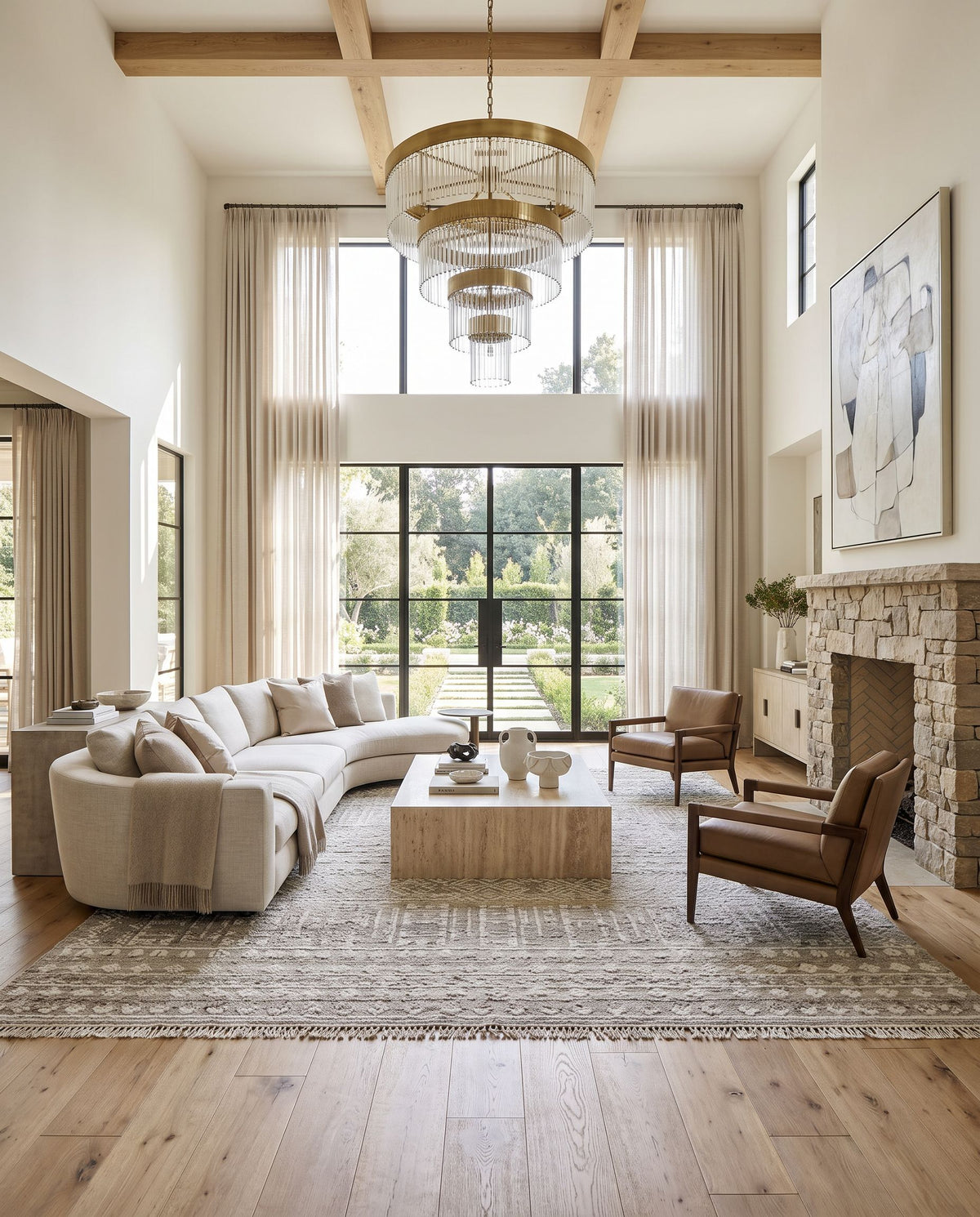 Pompei PPI-2303 Hand Knotted Rug as the centerpiece of a bright luxury living room — a hand knotted rustic area rug in gray, white, dark brown and taupe tones