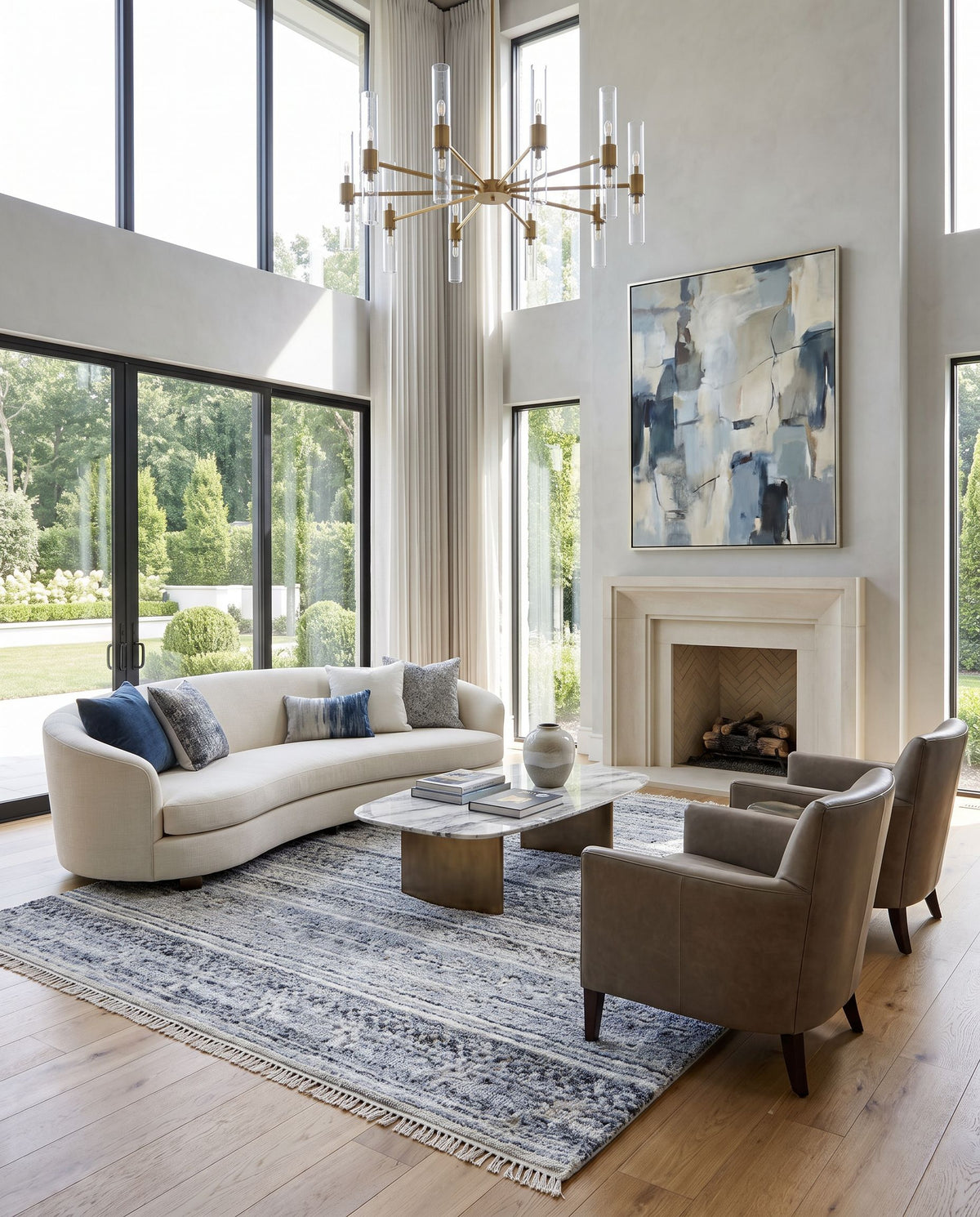 Pompei PPI-2306 Hand Knotted Rug as the centerpiece of a bright luxury living room — a hand knotted rustic area rug in dark blue, slate, black and brown tones